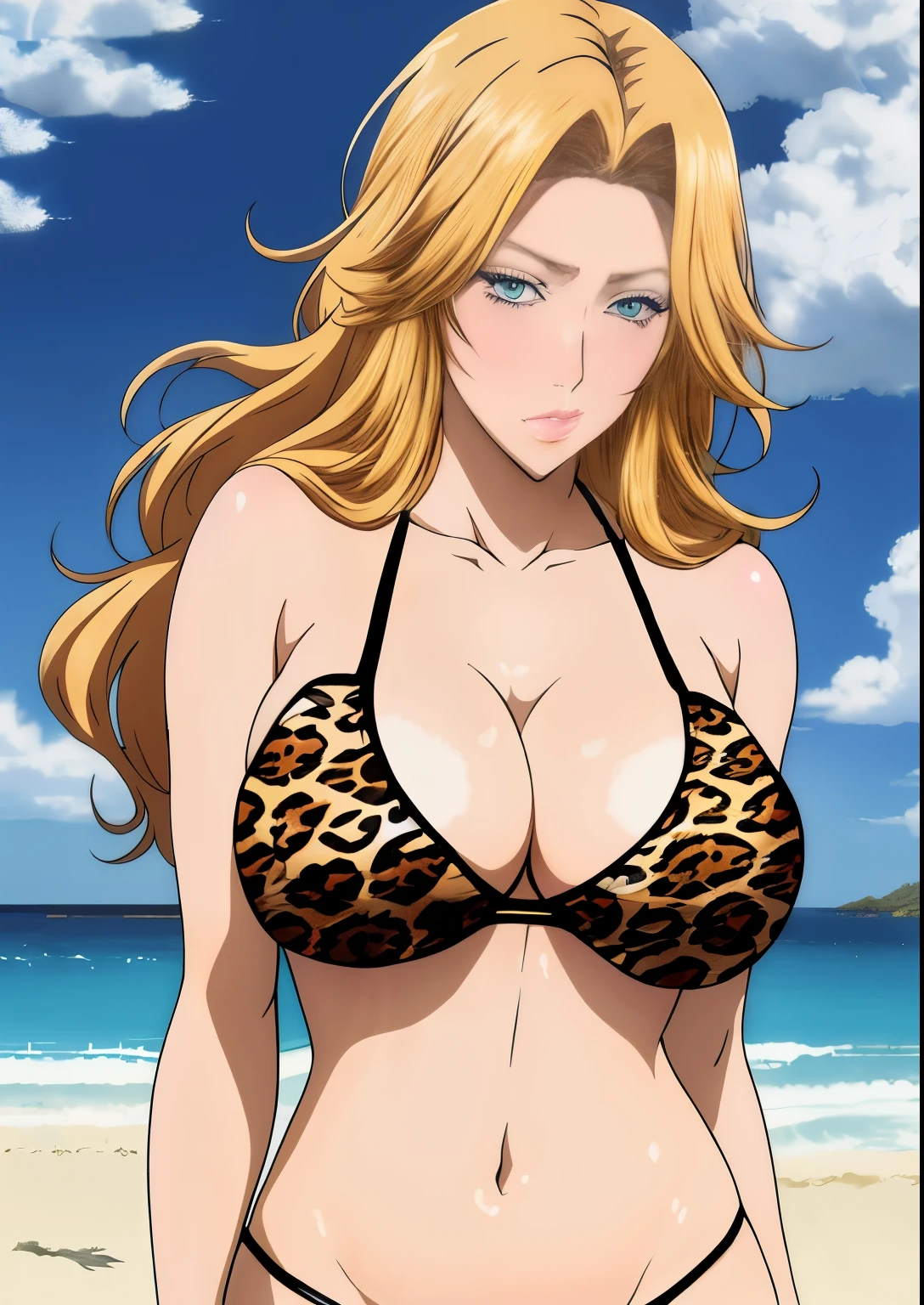 Cartoon close-up of a woman wearing a bikini, chic, Short blonde girl, Green-eyed girl, medium long hair, medium hair, big breasts same!!, girl wearing a swimsuit, solo, SFWなhuge breasts, Tits, big breasts same!, With very large breasts, in a trianglebikini, I have big breasts, big breasts same, chest covered, clothing:bikini swimwear, SFW, Titsプロポーション, cute exirobat, covered SFW, huge breasts, bikini with an leopard print top, bikini with an leopard print bottom, animal print, SFW version, very realistic, The best girls in anime, Gweiz style artwork, detailed digital anime art, perfectly shaded body, Realistic anime 3D style, beautiful charming anime girl, realistic anime art style, realistic shaded perfect body,