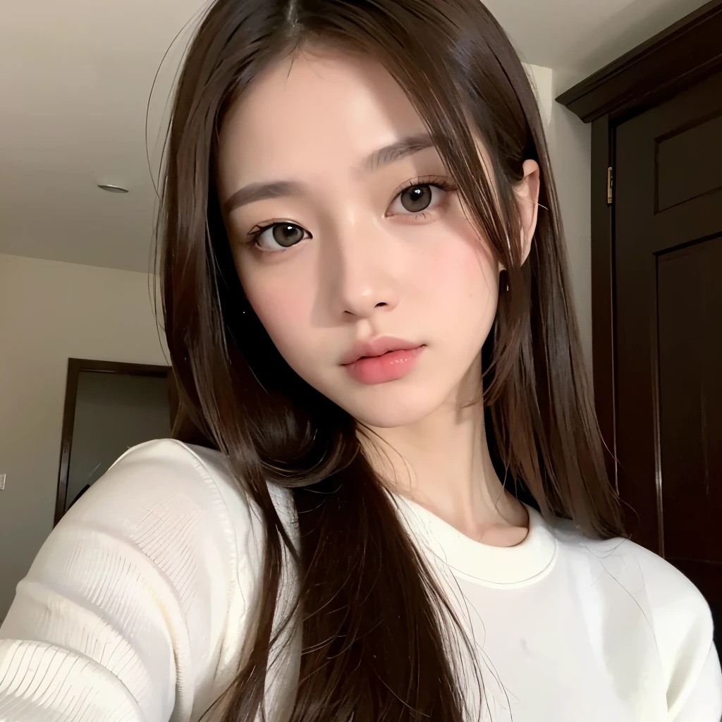 Long brown hair, brown eyes, serious features, white skin, style from Gucci, Japan