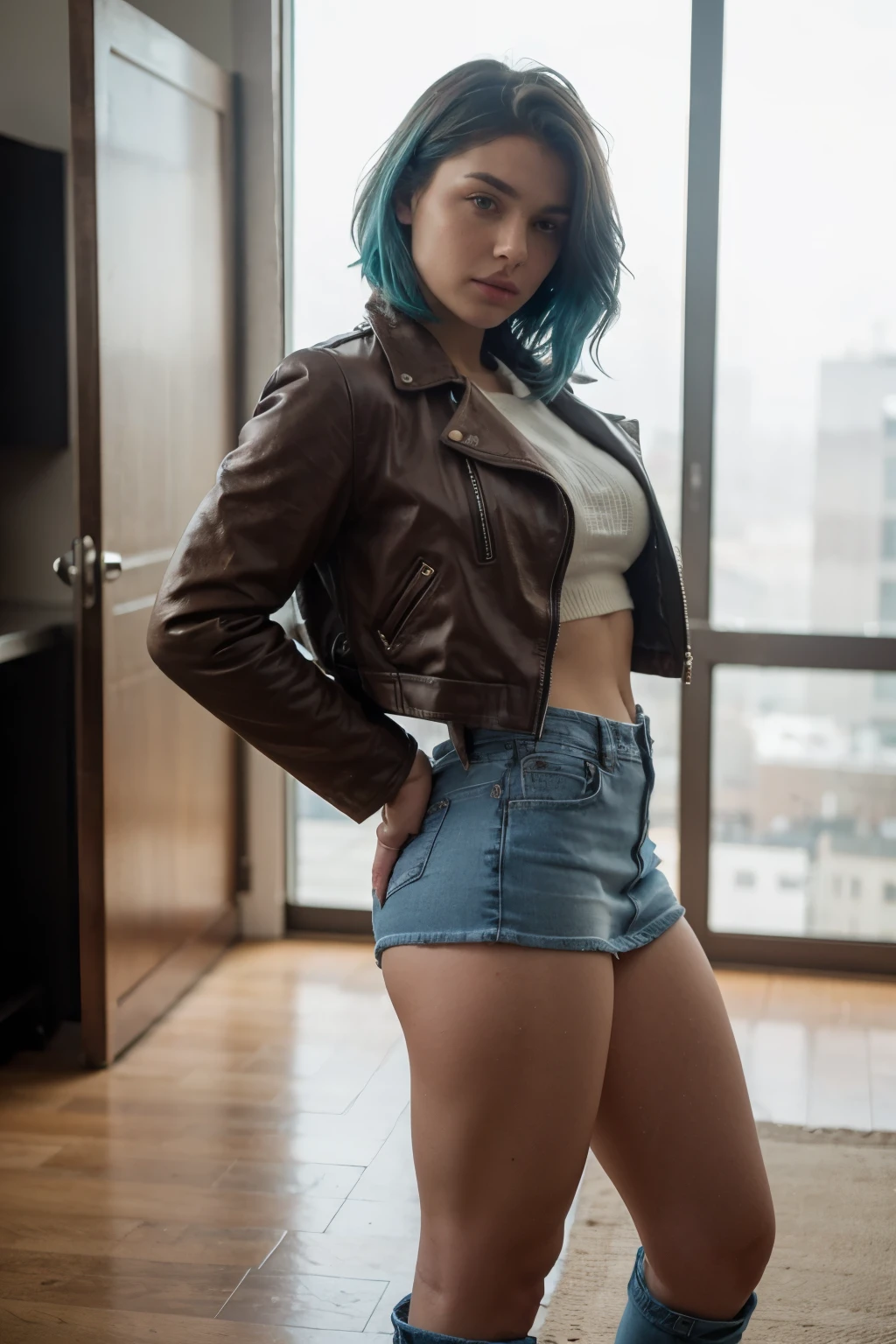 beautiful woman with turquoise hair, light freckles, standing with legs spread open, wearing a jean denim skirt, brown leather jacket on top, woolen knee length socks, slim body, fit, thick thighs, dreamy and romantic compositions, model pose