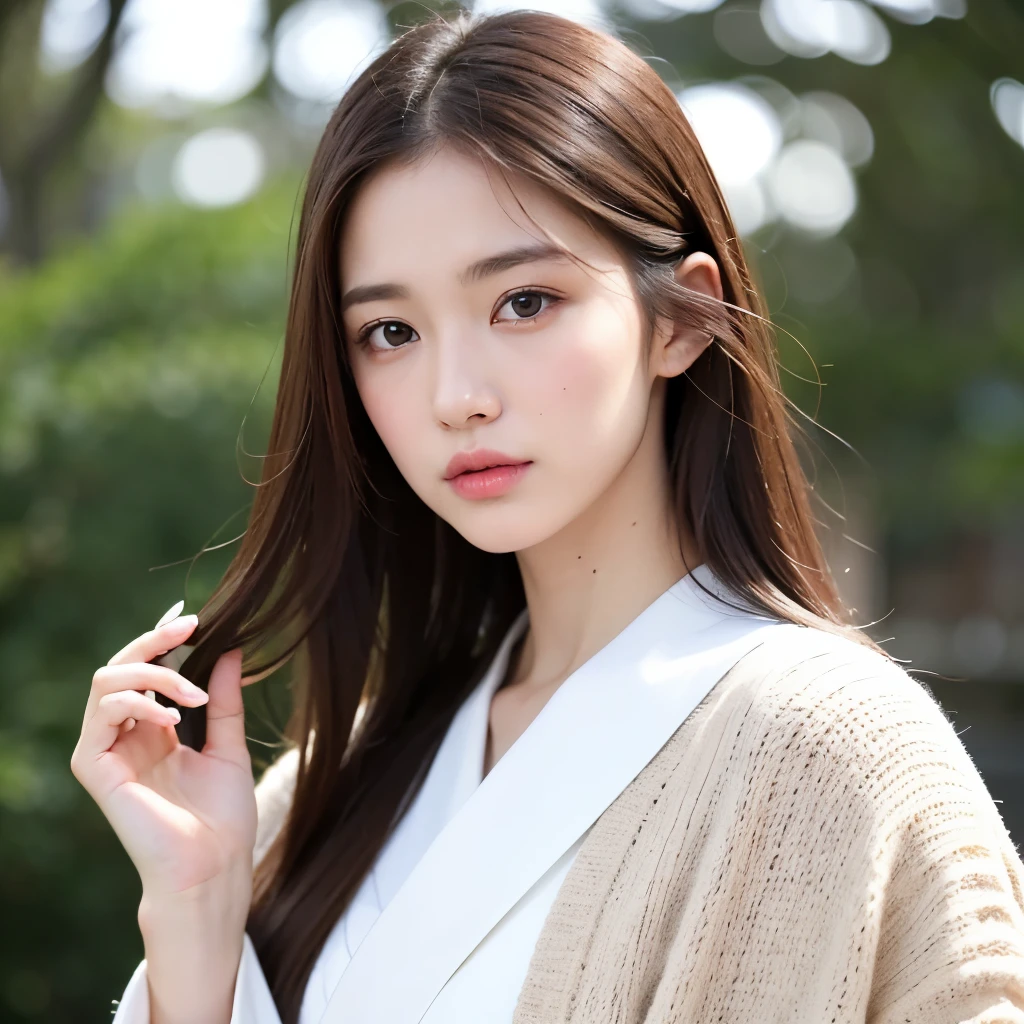 Long brown hair, brown eyes, serious features, white skin, style from Gucci, Japan