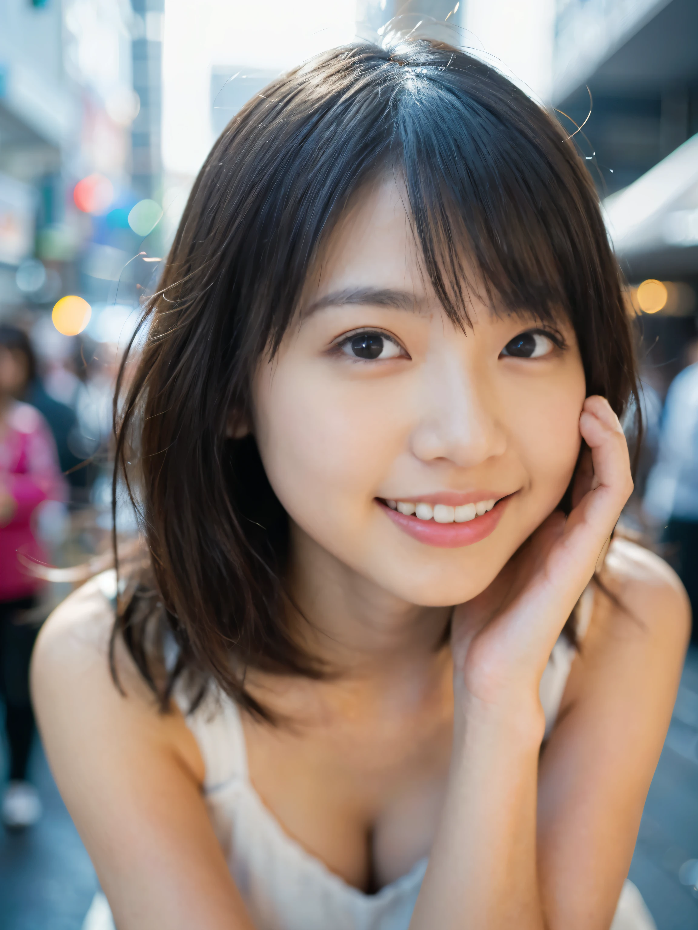 1 girl、Tokyo street、cityscape、Upper body、Close-up、laughter、、(8K、Raw photo、highest quality、masterpiece:1.2)、(realistic、photo realistic:1.37)、Highly detailed eyelash drawing、(((best image quality))),small tit、fine skin, (beautiful hair), (perfection Anatomy), (realistic), (dynamic angle), seductive pose,perfection,sensual look、highest quality、High resolution、smile
