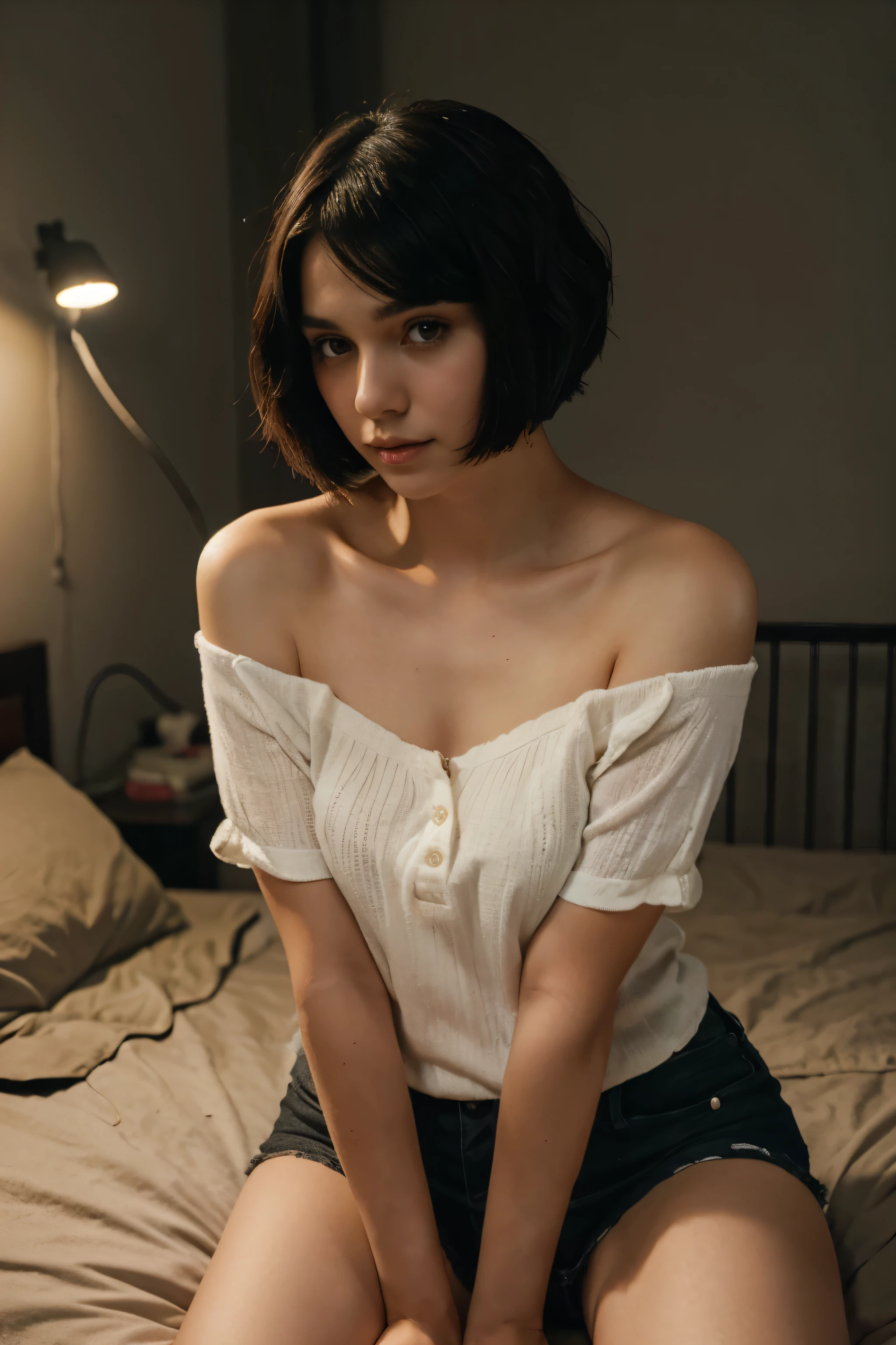 girl with short black hair in a wavy bob cut, on a bed wearing cute clothes, dark room led lights, looking away from the camera