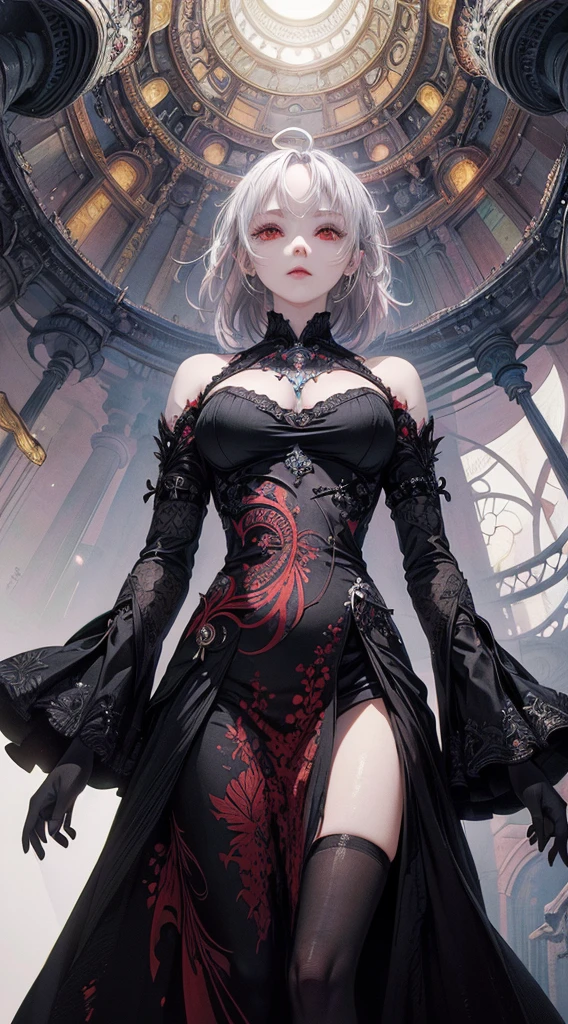 (masterpiece, highest quality, highest quality, official art, beautiful and aesthetic:1.3), (1 girl:1.3),silver hair,Ahoge, red eyes,black dress, (Silvery fractal art:1.2),dramatic light, intricate details,high contrast,(from below:1.5),silver background,illusion background