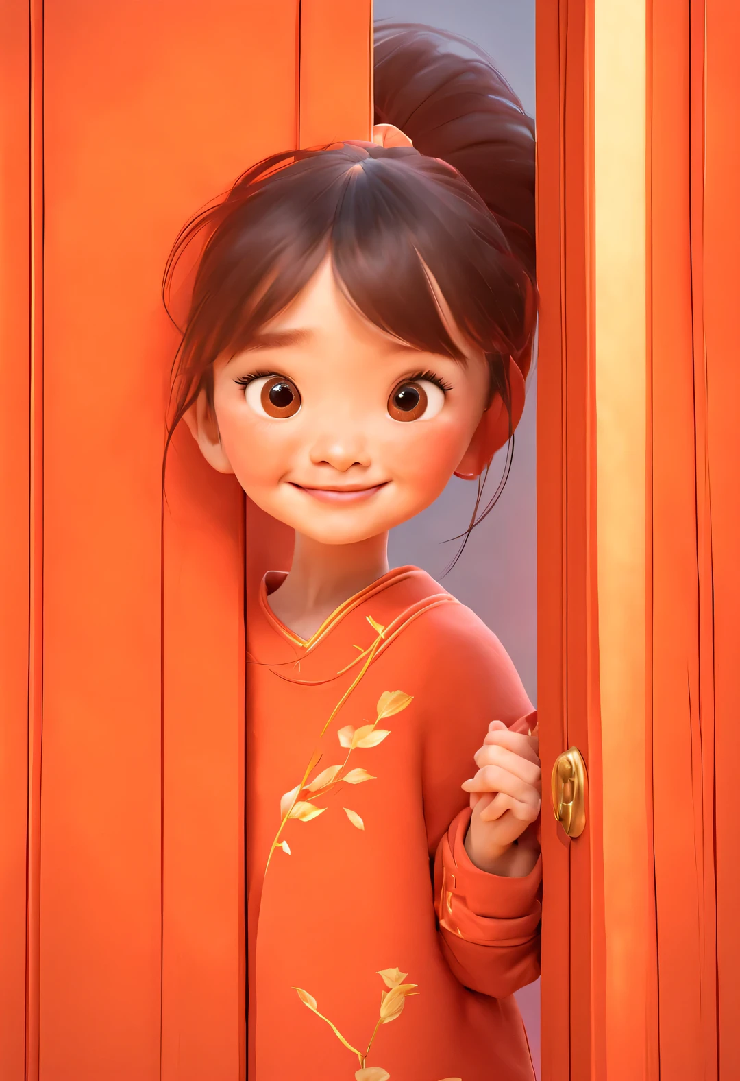 pixar animation，Cute Chinese girl hiding behind orange door and playing peekaboo，（Only half of the face is exposed：1.3），（， bright smile，glare，Ultra-detailed details，simple clean red background，