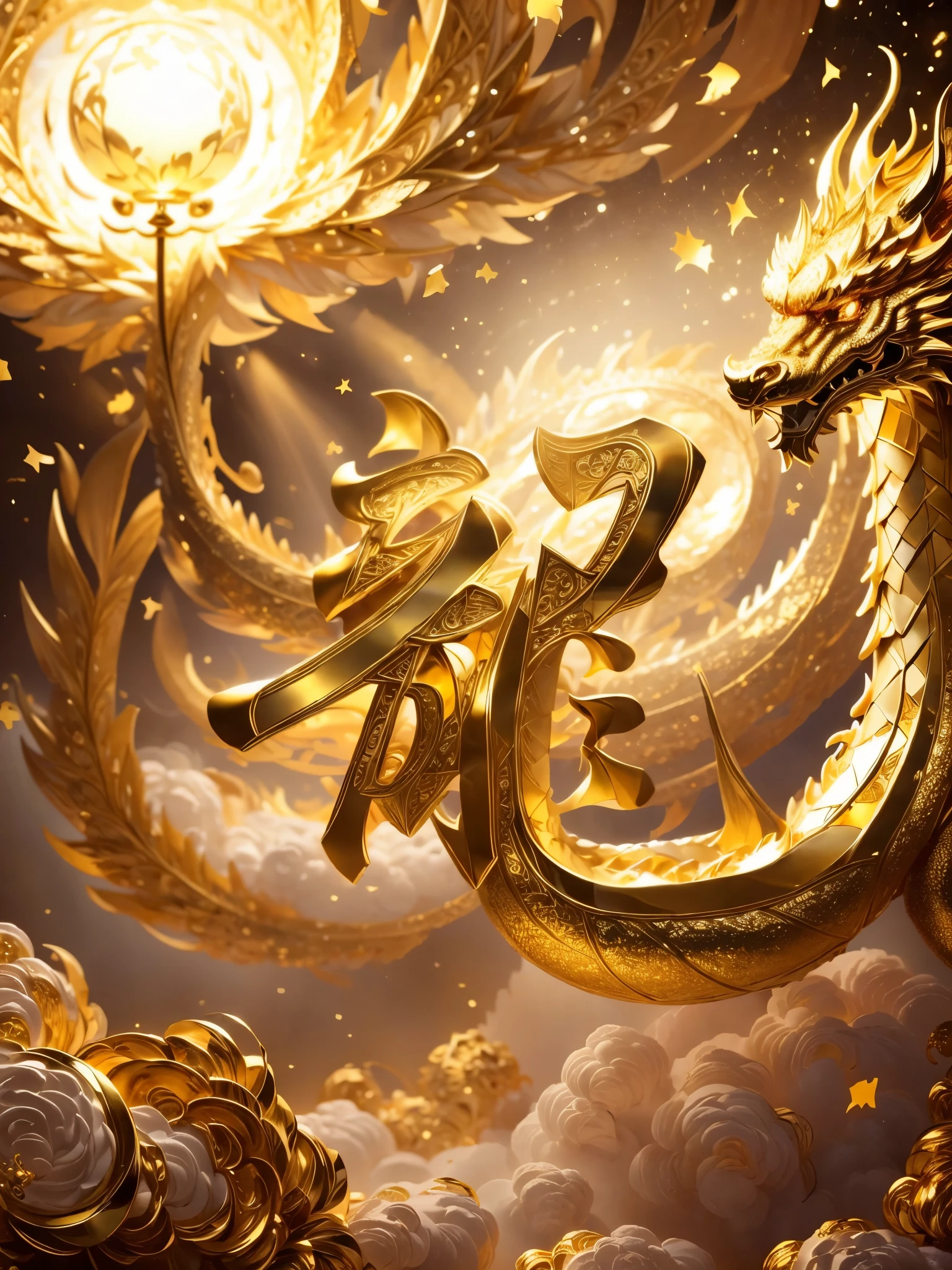 ((best quality, 8k, masterpiece: 1.3)), 1 Chinese dragon, Chinese golden dragon, (golden ingot), (golden coin), (masterpiece:1, 2), best quality, masterpiece, highres, original, extremely detailed wallpaper, perfect lighting, (extremely detailed CG:1.2),with three-dimensional and new year elements on the background,