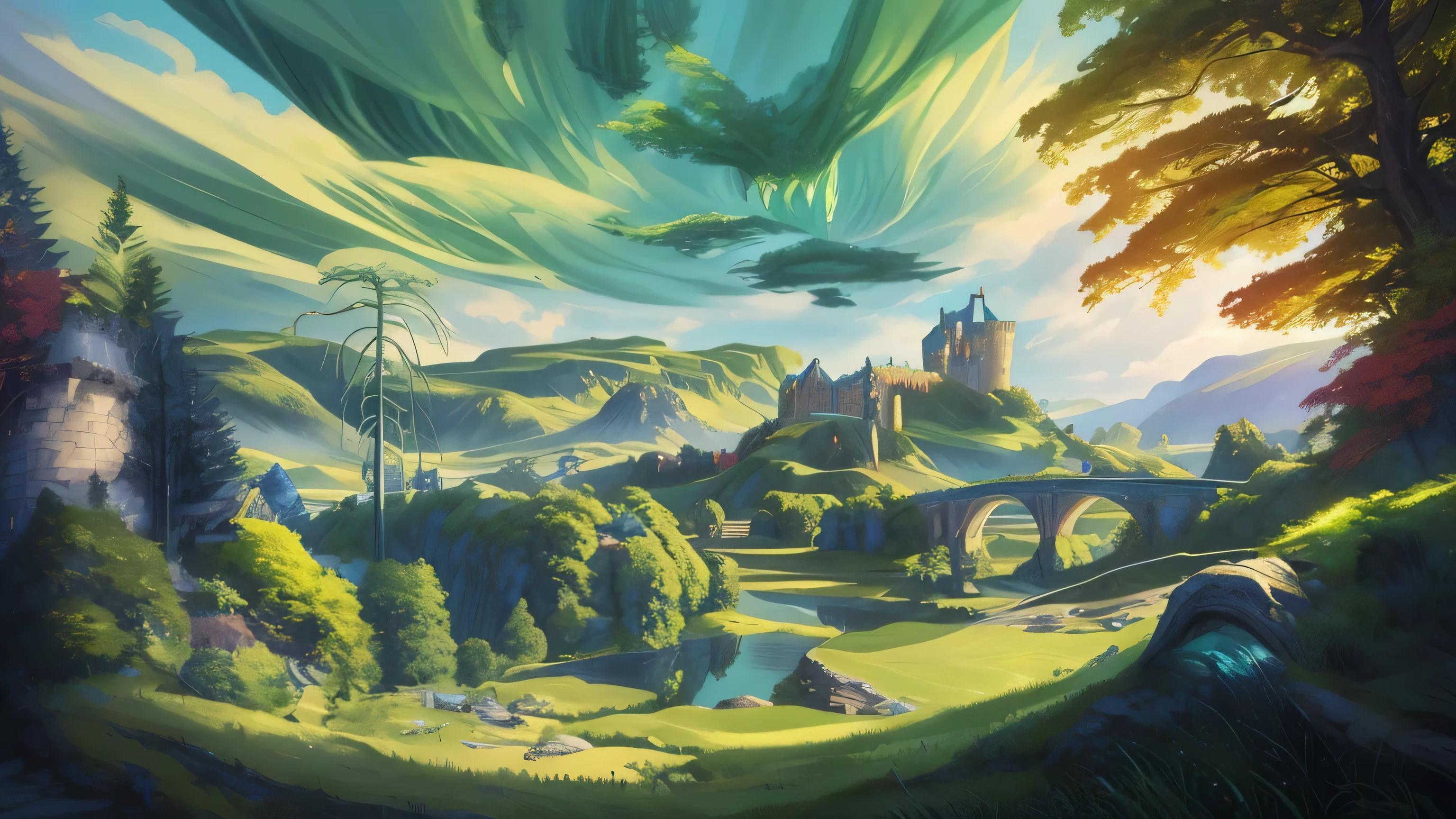 Painting of a castle with a bridge in a green valley, medieval fantasy landscape, Impressive fantastic scenery, A magnificent dream-like fantasy landscape, wide angle fantasy art, 4K high-definition digital art, fantasy style matte paint, magnificent fantasy scenery, fantasy art landscape, fantastic scenery, high fantasy landscape, fantasy matte paint,cute, fantasy, illustration matte paint
