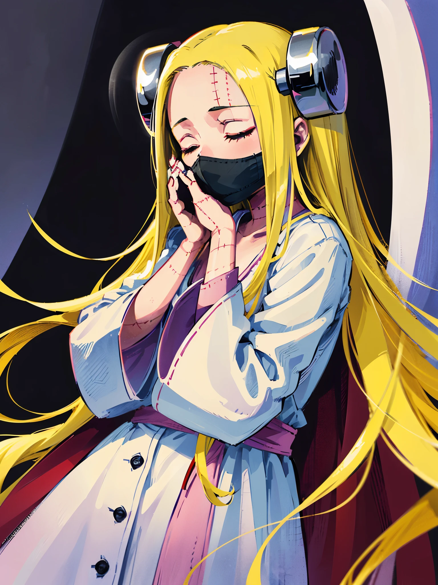 Madaraki_Fran,young woman ,(covers his face with his hands) ,white robe ,wrinkles,((mature)), long hair , yellow hair,Seams , Scars on the body ,closed eyes , bags under the eyes, ((((Very tired))))
