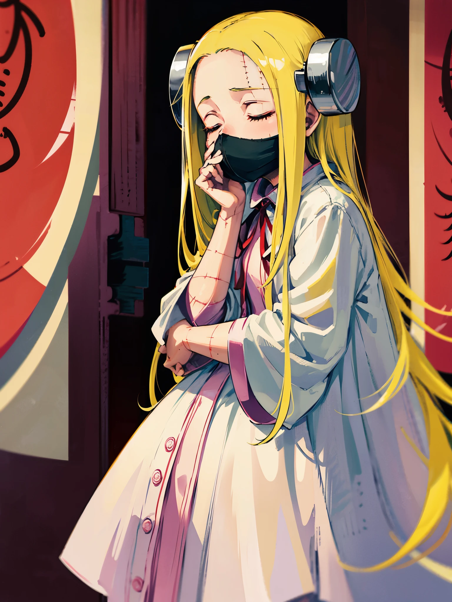 Madaraki_Fran,young woman ,(covers his face with his hands) ,white robe ,wrinkles,((mature)), long hair , yellow hair,Seams , Scars on the body ,closed eyes , bags under the eyes, ((((Very tired))))