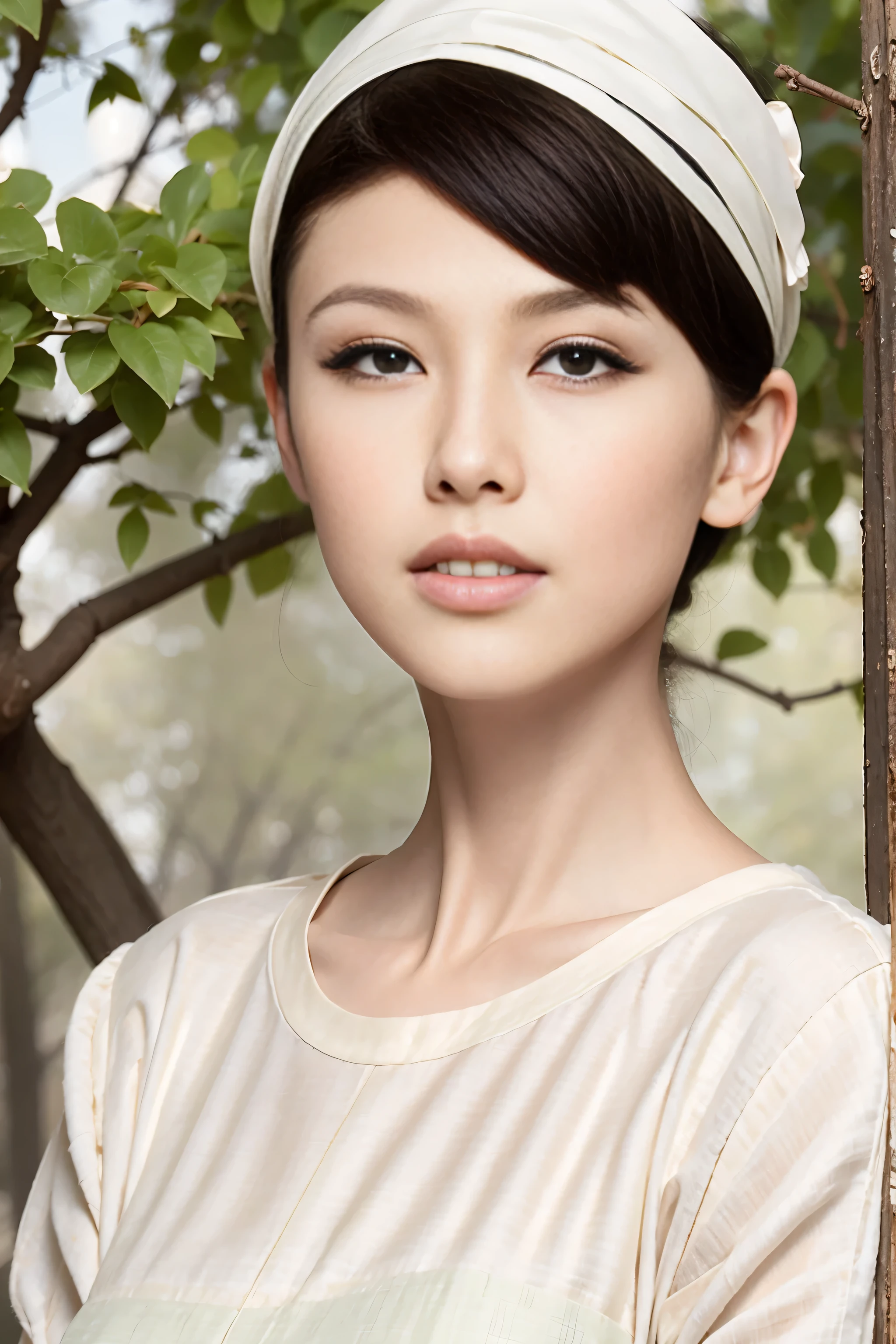 Fashion model 20 years old [[[[close up]]]], [[[[neck]]]], [[[[Shoulder]]]], perfect eyes, perfect iris，perfect lips，perfect teeth，perfect skin，White skin，Soft headlight，high-density imaging review，Face slimming type，slender nose，long black hair，（Face is clear and delicate），white casual wear，The background is outdoor，green trees and grass，best quality，masterpiece，（pastel colors：1.2）