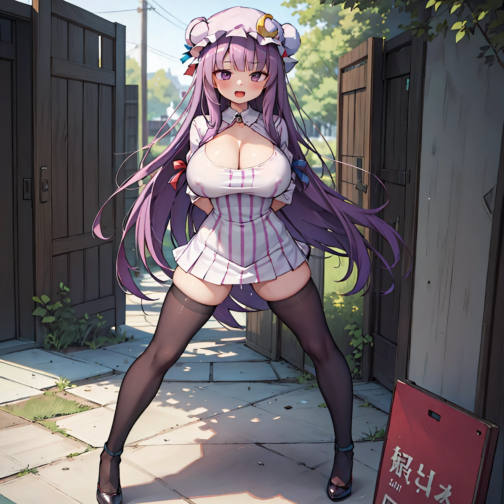 (Patchouli toho character), (standing at lakeside forest), outside, (standing with open legs wide:1.6), (arms behind back:1.3), (bending back:1.2), tiptoe, pigeon toed, BREAK, (disproportionately gigantic huge breasts:1.2), cleavage, inconceivably thin waist, very short torso, (thin long legs apart:1.3), BREAK, very short miniskirt, thigh gap, (black thighhighs:1.2), highheels, BREAK, smile for viewer, open mouth, nose blush, full body, (pussy juice)