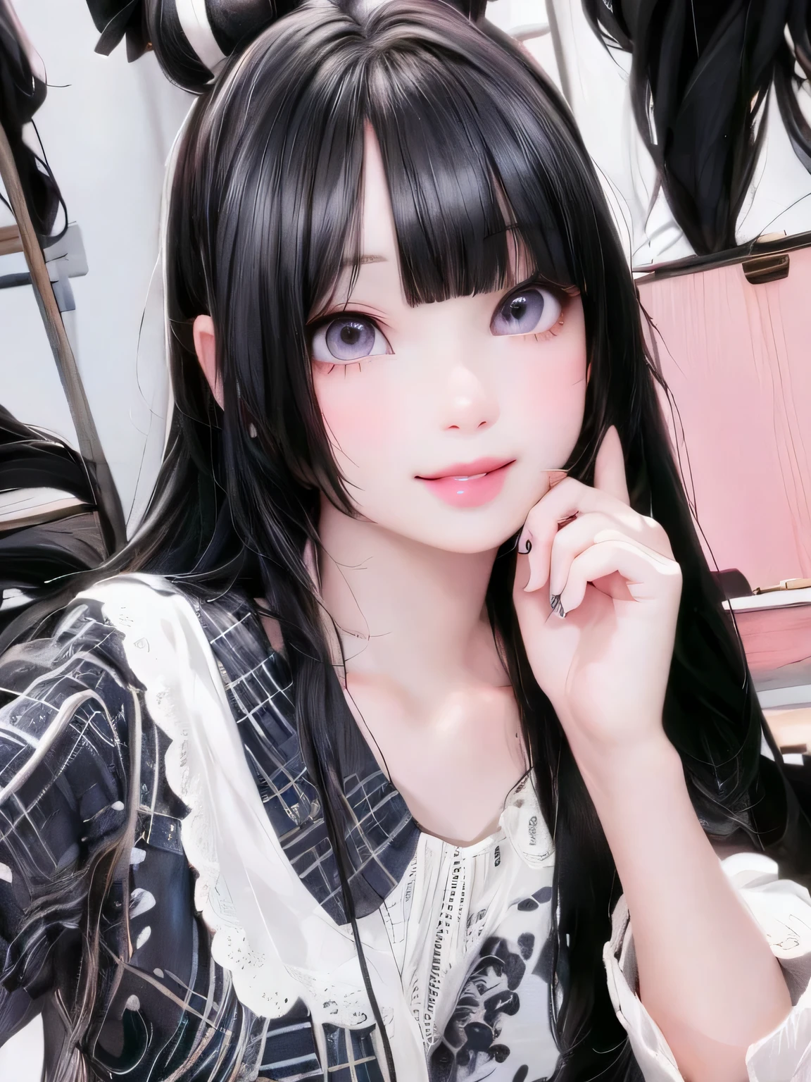 masterpiece, best quality, a cute girl smiling with long black hair sitting on the floor with a guitar, black hime cut hair, 1 7 - year - old anime goth girl, sui ishida with black hair, cruel korean goth girl, she has black hair with bangs, anime girl in real life, with straight black hair, with long hair and piercing eyes, emo anime girl, the hime cut, pale porcelain white skin, ultrarealistic, cute digital painting, cute digital art, realistic cute girl painting, cute detailed digital art, cute cartoon characters, beautiful character painting, cute characters, cute anime girl, cute cartoon, kawaii realistic portrait, digital cartoon painting art, cartoon cute, cute portrait, render a cute 3D anime girl, kawaii realistic portrait, anime moe art style, drawn in an anime artist studio