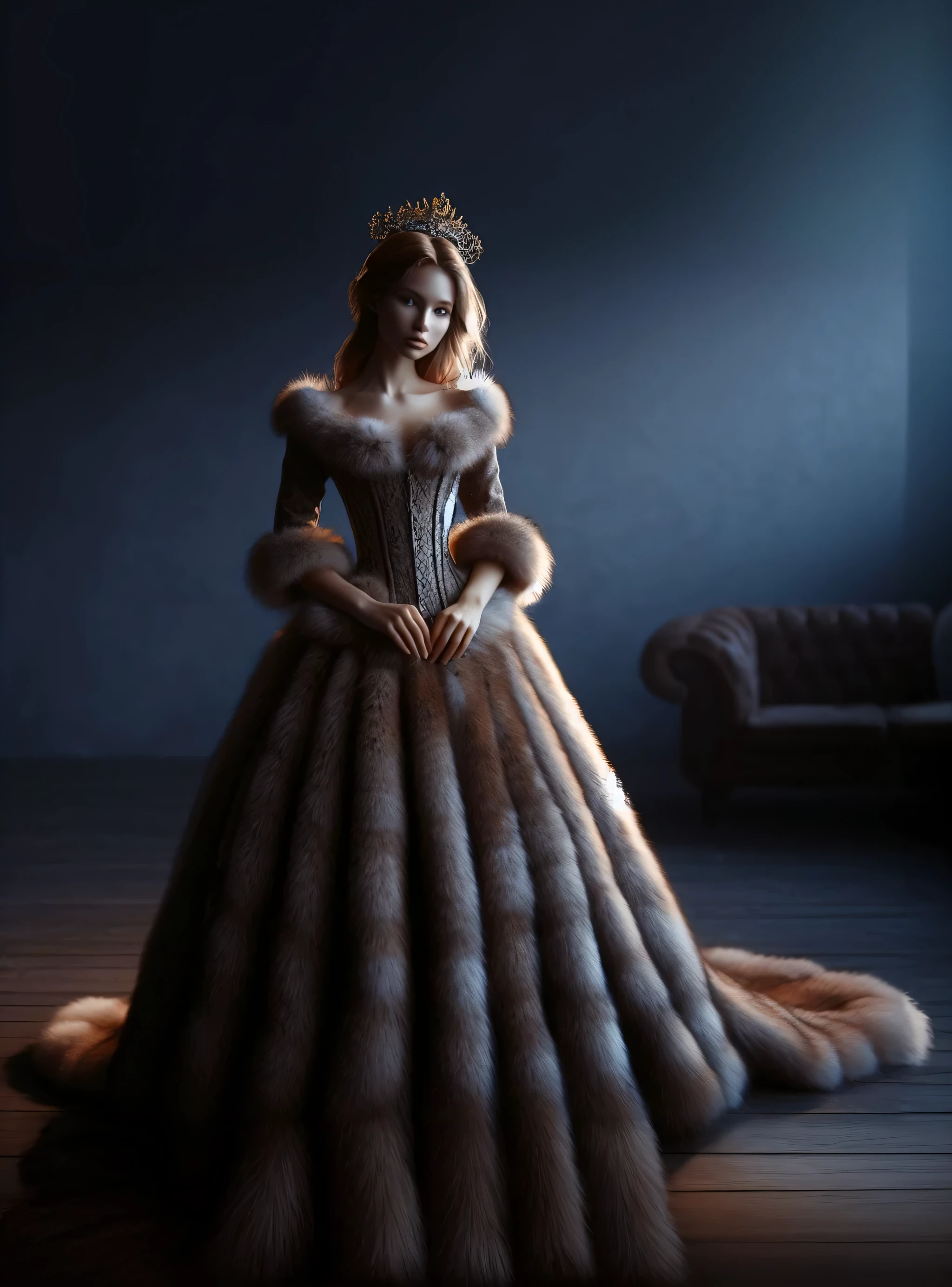 image of a woman in a fur dress in a dark room, volumetric fur, dramatic cinematic detailed fur, in a gorgeous dress, royal dress, expensive voluminous dress, in an elegant dress, Natural fur, extravagant dress, Elegant lady with alabaster skin, wear fantasy formal wear, (wooden floor), ornate dress, high-quality render