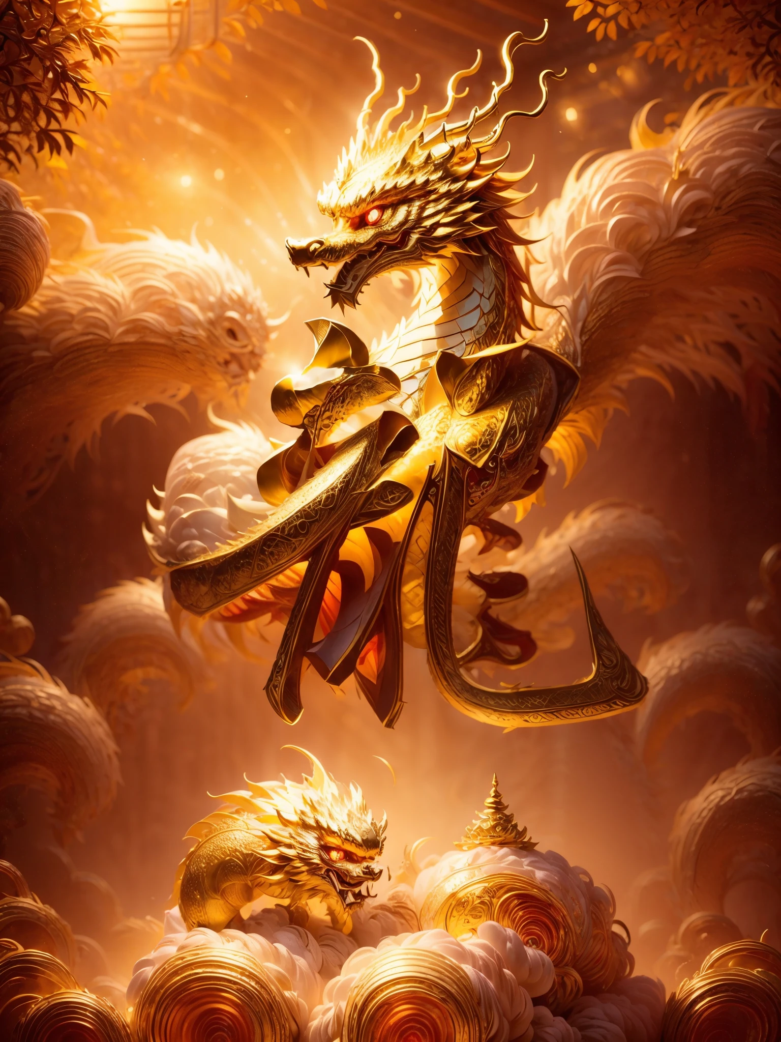 red background, (A pure golden Chinese dragon occupies one corner of the frame), Decoration full of Chinese New Year elements,scattered gems,Feeling of light and shadow,3d rendering,actual,