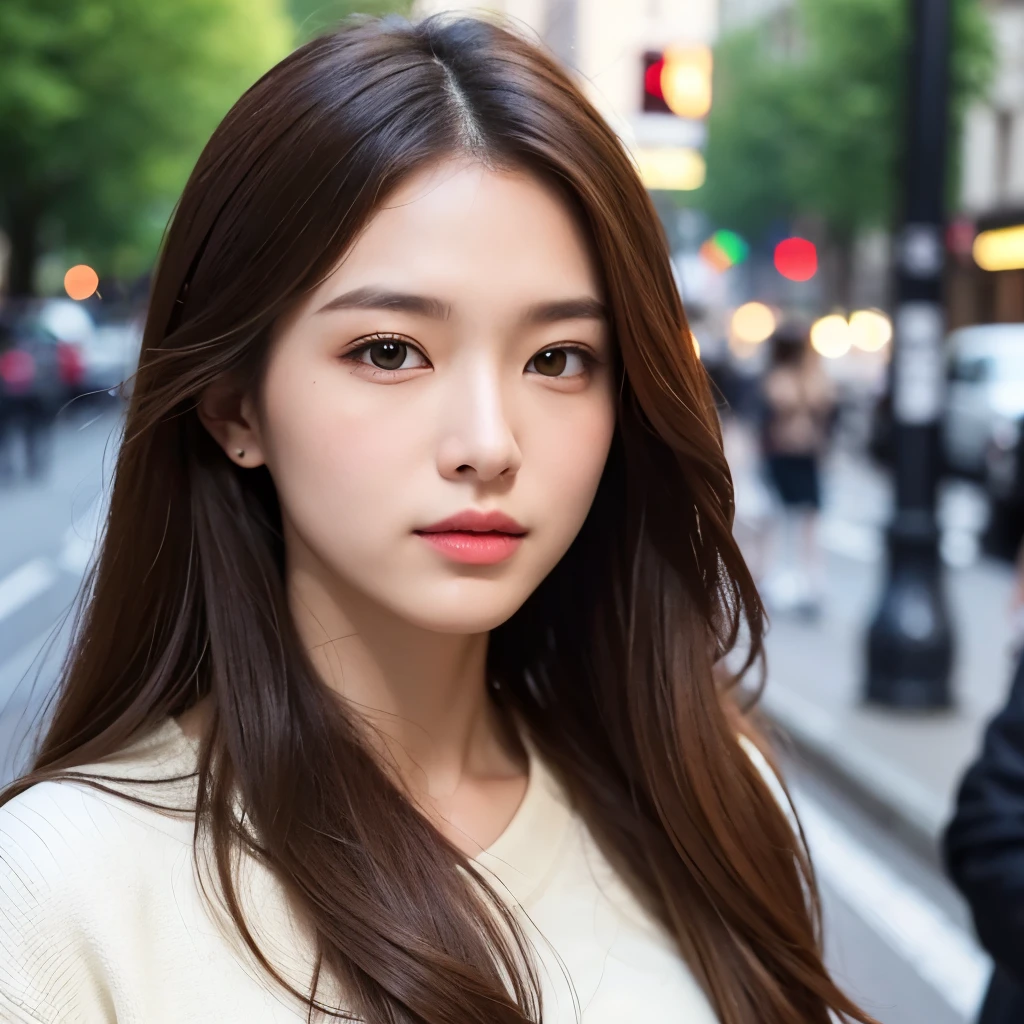 Long light brown hair, brown eyes, serious features, white skin, Asian-European race, beautiful, perfect, Gucci style, in the streets of London.
