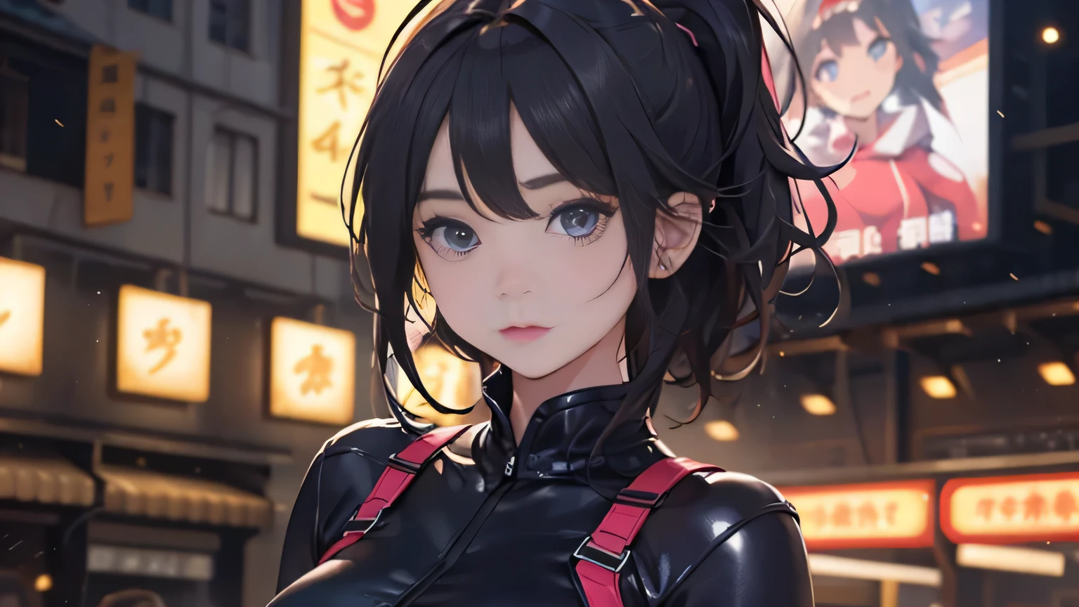 4K, A high resolution, Best quality at best, masterpiece, perfect colors, perfect shadow, perfect litthing, ((sportrait)), 1woman, fit-muscled body, face close up, bright yellow eyes, dark blue hair , blue eyes, With round lenses, detail in eyes, The audience watched carefully, (s face: 1.2), nipple bump, Perfect female figure, ((standing)), ((purple Tight crop top pink leather suit)), ((shy and looking at viewert)), (Perfect thick white eyebrows) Delicate fur, 详细s face, s the perfect face, At a fantasy industrial city , (model pose standing), energetic background, perfect city skyscape, lighting atmosphere, ((Bonifasko lighting)), (The round lenses on his eyes)(詳細な目), Perfect student, face close up