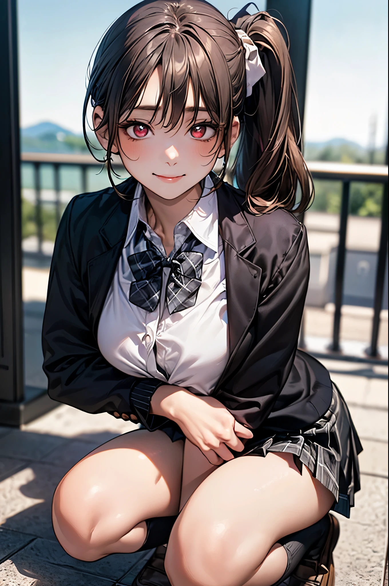 (masterpiece:1.2, top-quality), (realistic, photorealistic:1.4), beautiful illustration, (natural side lighting, movie lighting), nsfw,
looking at viewer, upper body, 1 girl, japanese, high school girl, perfect face, cute and symmetrical face, shiny skin,
(long hair:1.5, side ponytail:1.4, brown hair), bangs pinned back, red eyes, glowing eyes, long eye lasher, (large breasts:0.6, thick thighs),
beautiful hair, beautiful face, beautiful detailed eyes, beautiful clavicle, beautiful body, beautiful chest, beautiful thigh, beautiful legs, beautiful fingers,
(((dark grey jacket), light grey collared shirts, dark grey pleated mini skirt, black socks, grey plaid bow tie)),
(beautiful scenery), school, (squatting, lift up skirt, grab the hem of the skirt, hands on chest, hand between legs), (lovely smile, upper eyes),
