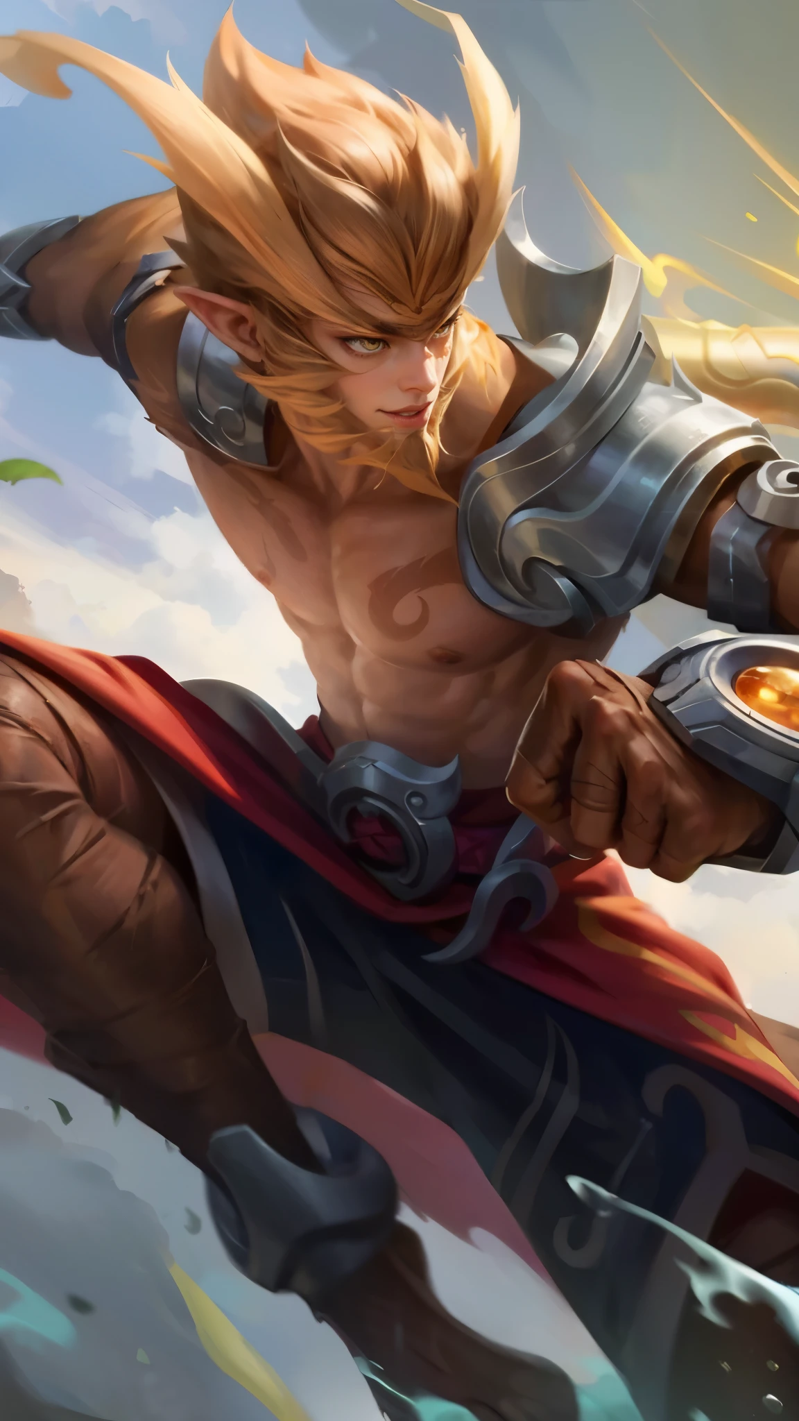 Best quality, masterpiece, detailed skin texture, detailed clothes texture, detailed face, super detail, 8k, intricate detail, 1 boy, The color doesn't change, Muscle guy, 1 guy, elf ear, face hair, sun wukong, wukong, sylas, tane skin, inspired by Li Kan, extremely detailed artgerm, official splash art, bian lian, ig model | artgerm, g liulian art style, inspired by Huang Shen, iconic character splash art, yellow eyes.