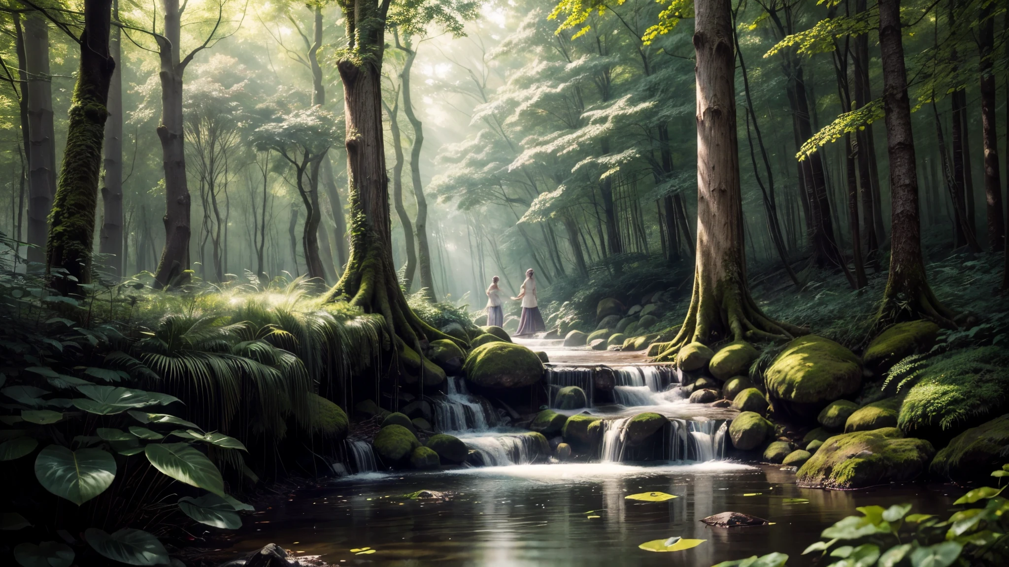 Create an image depicting a serene forest glade, where a group of nymphs dances gracefully in the dappled sunlight filtering through the trees