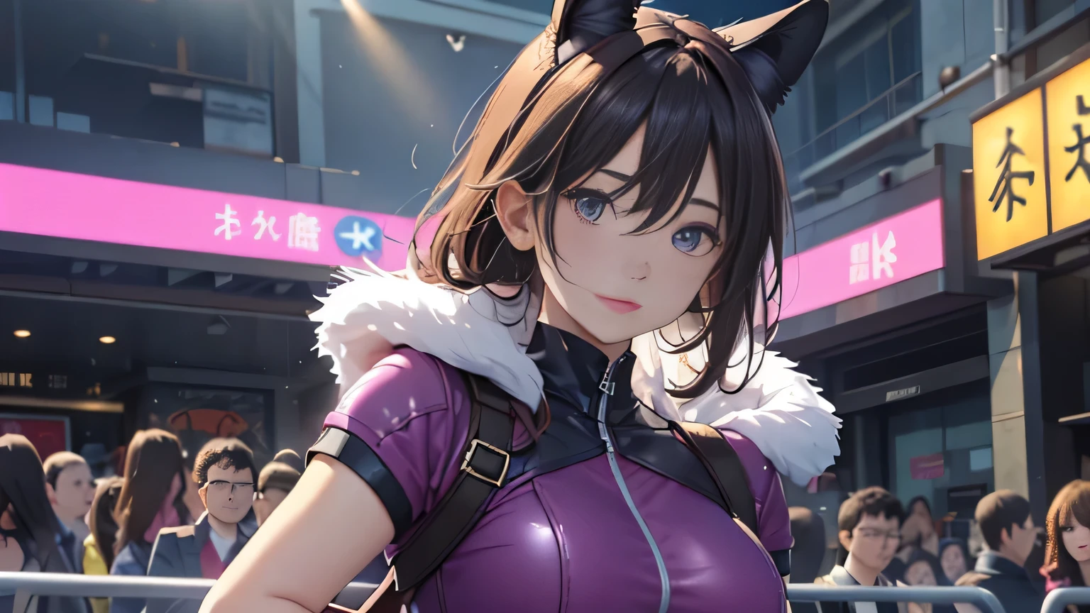4K, A high resolution, Best quality at best, masterpiece, perfect colors, perfect shadow, perfect litthing, ((sportrait)), 1woman, fit-muscled body, face close up, bright yellow eyes, dark blue hair , blue eyes, With round lenses, detail in eyes, The audience watched carefully, (s face: 1.2), nipple bump, Perfect female figure, ((standing)), ((choking pink Tight crop top pink leather suit)), ((shy and looking at viewert)), (Perfect thick white eyebrows) Delicate fur, 详细s face, s the perfect face, At a fantasy industrial city , (model pose standing), energetic background, perfect city skyscape, lighting atmosphere, ((Bonifasko lighting)), (The round lenses on his eyes)(詳細な目), Perfect student, face close up