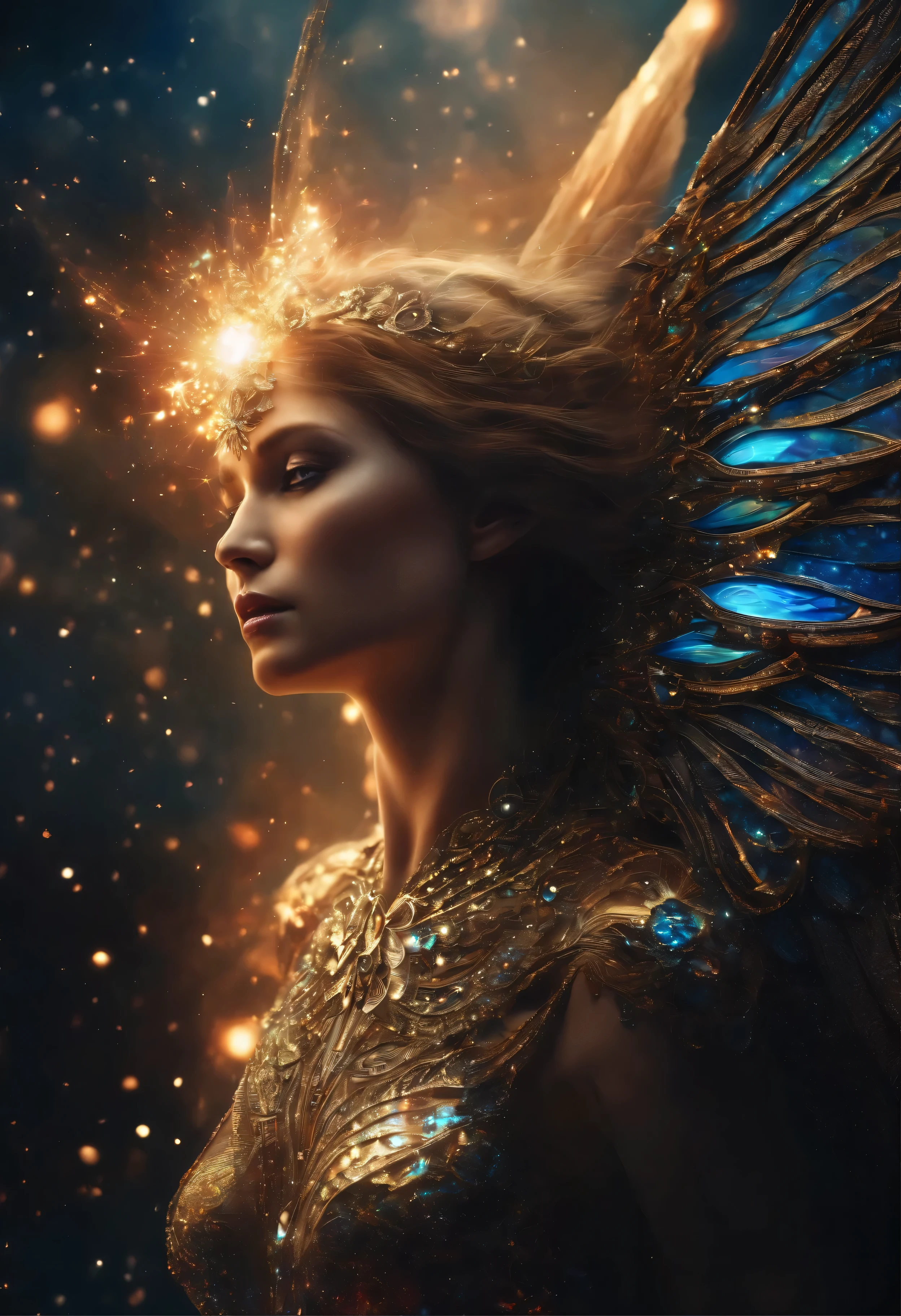 Cosmic Fallen Angel, Ojos claros y brillantes, biomech, weird, frivolous, Pesadilla, Colores muy brillantes, light particles, con luz brillante, Mshiff, Arte de papel pintado, fondo de pantalla hd