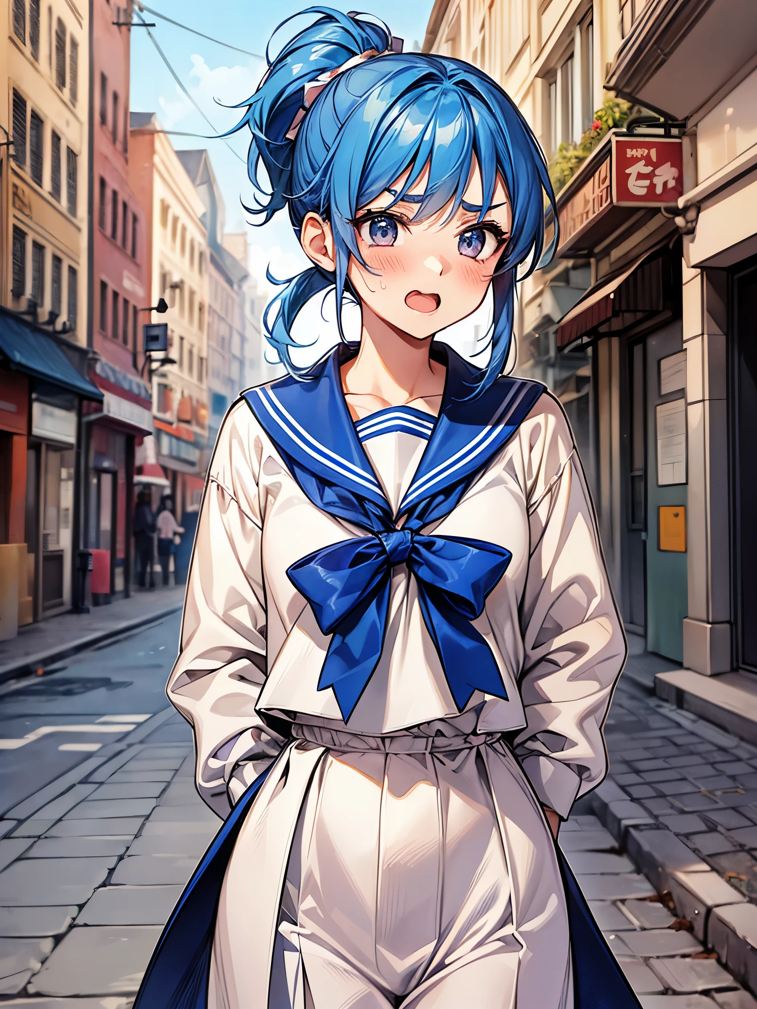 cowboy shot、(((Girlfriend))),(((blush:1.3)))、16 years old、cute、(((thin eyebrows、wrinkles on the eyebrows、upward glance))),(((I'm embarrassed:1.3)))、noon、street corner、(((sailor suit)))、(((fold your hands next to your cheeks)))、(((open your mouth and laugh)))、cute、(((blue hair ponytail)))