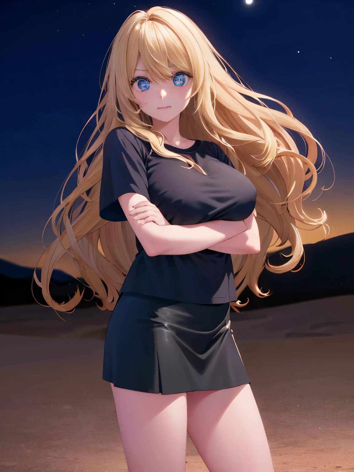 1woman,At night, in the desert,super beautiful,tertawa,half photo,Various expressions,Beautiful eyes,very detailed face, perfect face,,at night,black t-shirt,black mini skirt,Very big breasts,Blonde hair,long hair,wavy hair,bangs,blue eyes,ultra detail,ultra Hd, masterpiece,4k