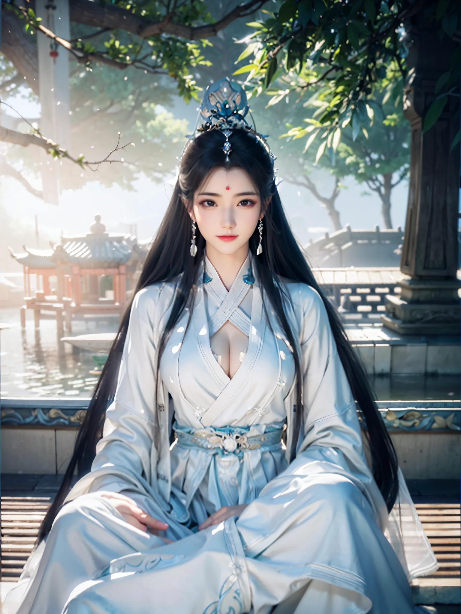 Alafid woman in white dress sitting on bench, beautiful fantasy queen, ((beautiful fantasy queen)), ancient chinese princess, Queen of the Sea Mu Yanling, white hanfu, xianxia fantasy, chinese princess, full body xianxia, ancient chinese beauties, xianxia, palace ， A girl wearing Hanfu, Inspired by Zhang Yin, large breasts, sexy