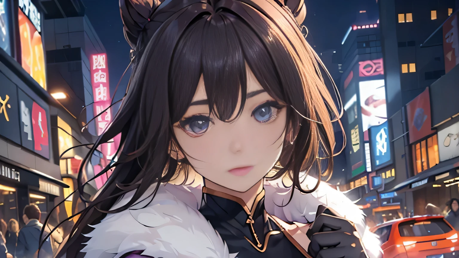 4K, A high resolution, Best quality at best, masterpiece, perfect colors, perfect shadow, perfect litthing, ((sportrait)), 1woman, fit-muscled body, face close up, bright yellow eyes, dark blue hair , blue eyes, With round lenses, detail in eyes, The audience watched carefully, (s face: 1.2), nipple bump, Perfect female figure, ((standing)), ((purple Tight crop top pink leather suit)), ((shy and looking at viewert)), (Perfect thick white eyebrows) Delicate fur, 详细s face, s the perfect face, At a fantasy industrial city , (model pose standing), energetic background, perfect city skyscape, lighting atmosphere, ((Bonifasko lighting)), (The round lenses on his eyes)(詳細な目), Perfect student, face close up