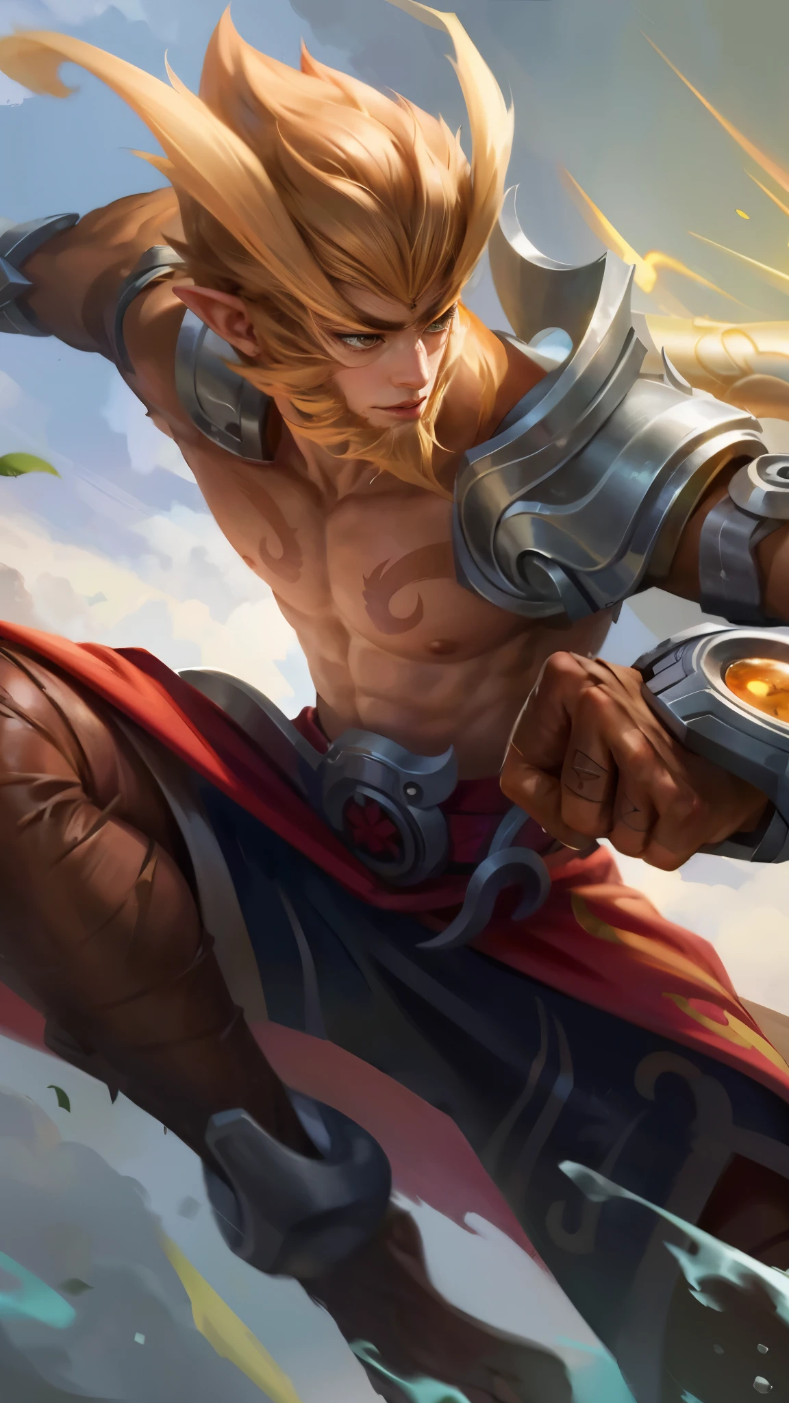 Best quality, masterpiece, detailed skin texture, detailed clothes texture, detailed face, super detail, 8k, intricate detail, 1 boy, The color doesn't change, Muscle guy, 1 guy, elf ear, face hair, sun wukong, wukong, sylas, tane skin, inspired by Li Kan, extremely detailed artgerm, official splash art, bian lian, ig model | artgerm, g liulian art style, inspired by Huang Shen, iconic character splash art, yellow eyes.
