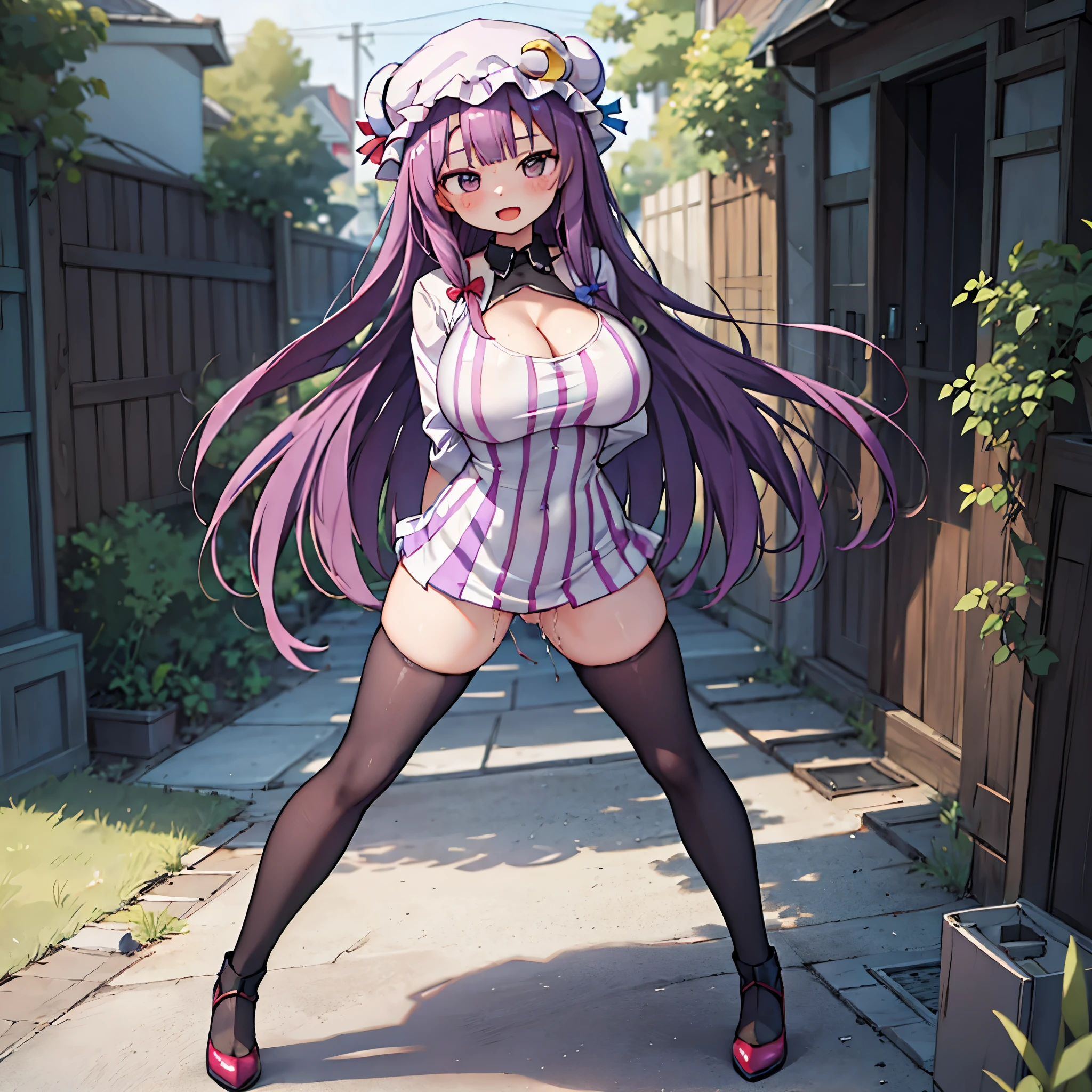 (Patchouli toho character), (standing at lakeside forest), outside, (standing with open legs wide:1.6), (arms behind back:1.3), (bending back:1.2), tiptoe, (pigeon toed), BREAK, (disproportionately gigantic huge breasts:1.2), cleavage, inconceivably thin waist, very short torso, (thin long legs apart:1.3), BREAK, very short miniskirt, thigh gap, (black thighhighs:1.2), highheels, BREAK, smile for viewer, open mouth, nose blush, full body, (pussy juice)