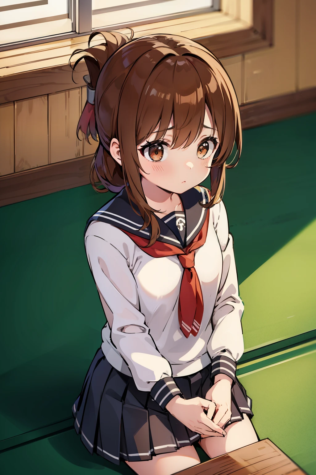 I am sitting on the floor of the school gymnasium and observing classes because I am not feeling well.,(masterpiece, best quality:1.2),illustration,8k,hd,1girl,solo,upper body,(portrait:1.2),brown_hair,folded_ponytail,brown_eyes,serafuku,long_hair,school_uniform,skirt,pleated_skirt,