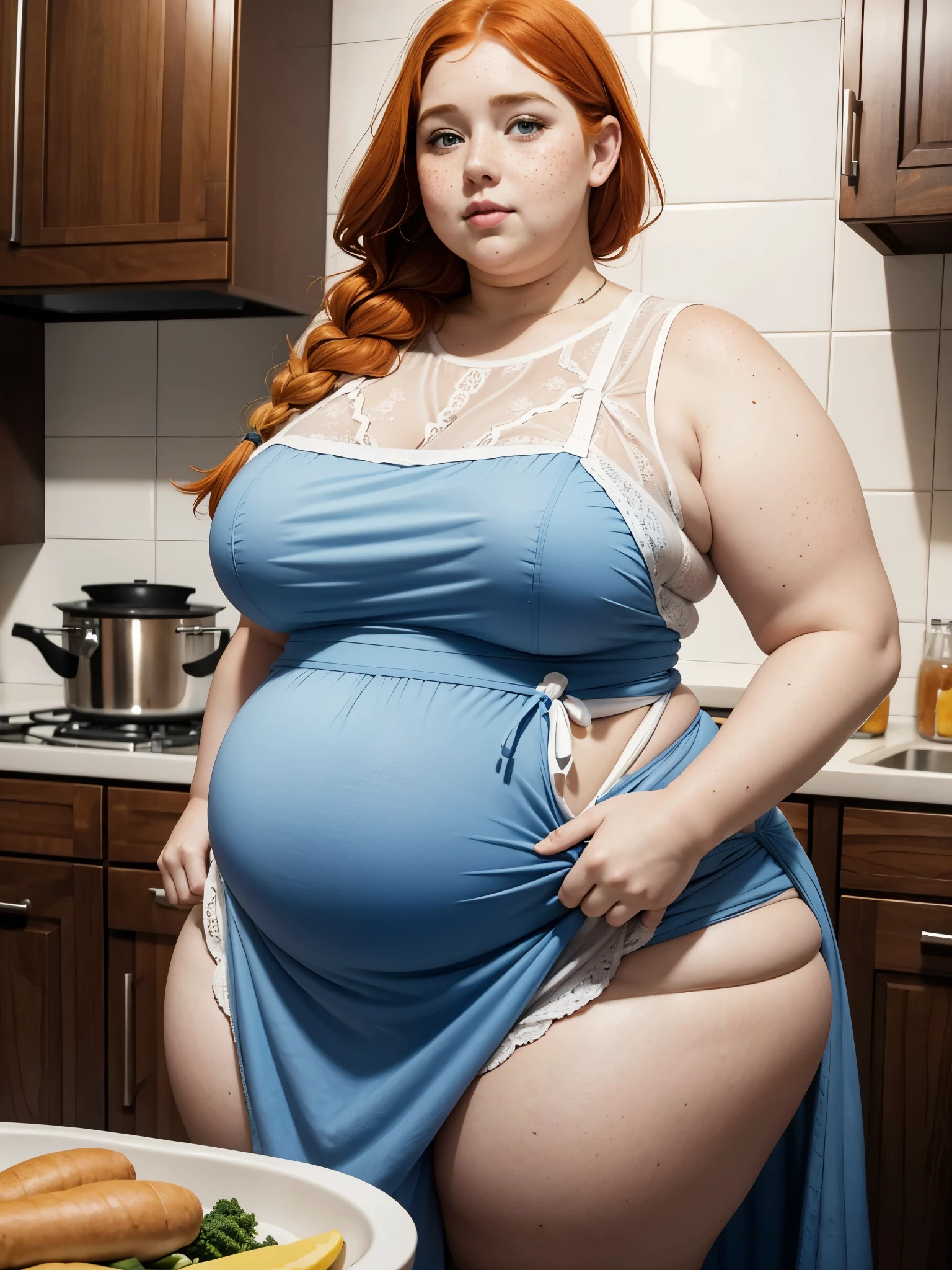 A really fat adorable cute obese ussbbw young redhead fat woman traditional wife, ginger braided tradwife hair, very pretty face, freckled face, freckles on her huge heavy body, huge bloated soft obese belly hanging over thights, very wide hips and obese wide thights, huge fat booty, fat arms, in a tradwife blue-white cookingdress cooks a huge meal in a modern kitchen