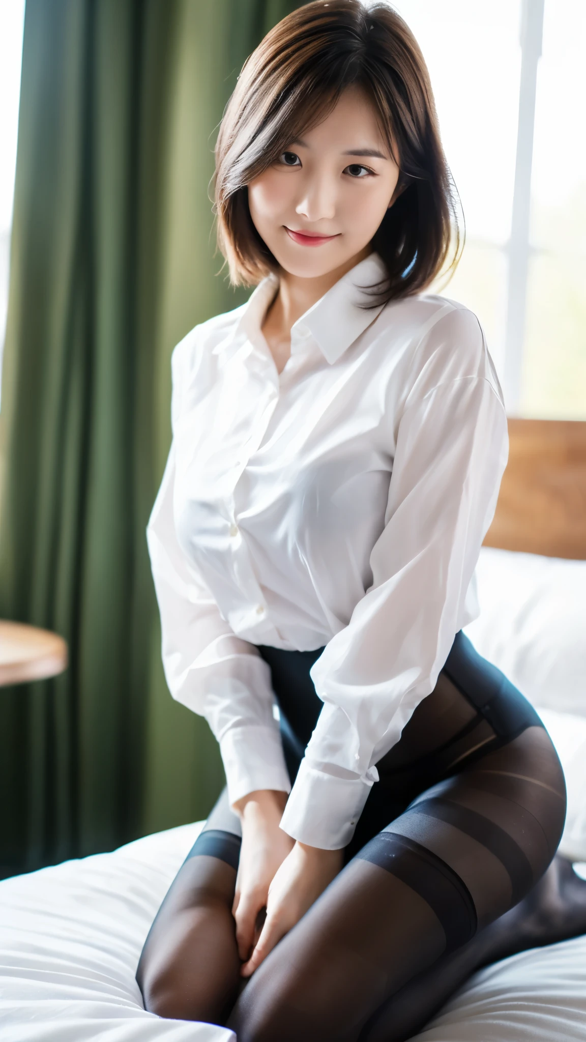 (8K, highest quality, masterpiece:1.2), (actual, realistic:1.37), Super detailed,
1 girl,Lovely, alone,beautiful and detailed sky,Cafe details,sitting,obsolete,(smile:1.15),(please keep your mouth shut) small breasts,beautiful and delicate eyes,(collared shirt:1.1), white shirt, pleated skirt,black领,black,white lace, beautiful feet,(super realistic pantyhose:1.3), button suddenly opens
(Short hair details:1.2),flowing hair ,new frog style,,white skin,light,Bedroom,bedridden