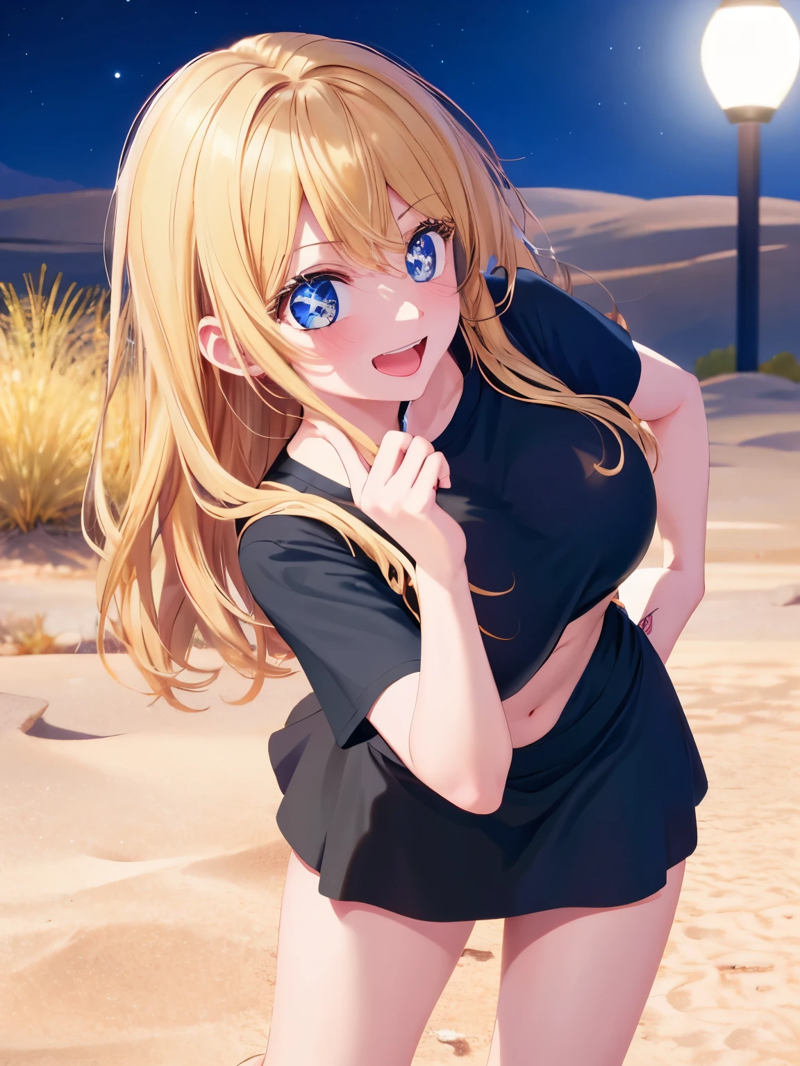 1woman,At night, in the desert,super beautiful,Laugh,half photo,Various expressions,Beautiful eyes,very detailed face, perfect face,,at night,black t-shirt,Short sleeve t-shirts, plain t-shirts,black mini skirt,Very big breasts,Blonde hair,long hair,wavy hair,bangs,blue eyes,ultra detail,ultra Hd, masterpiece,4k