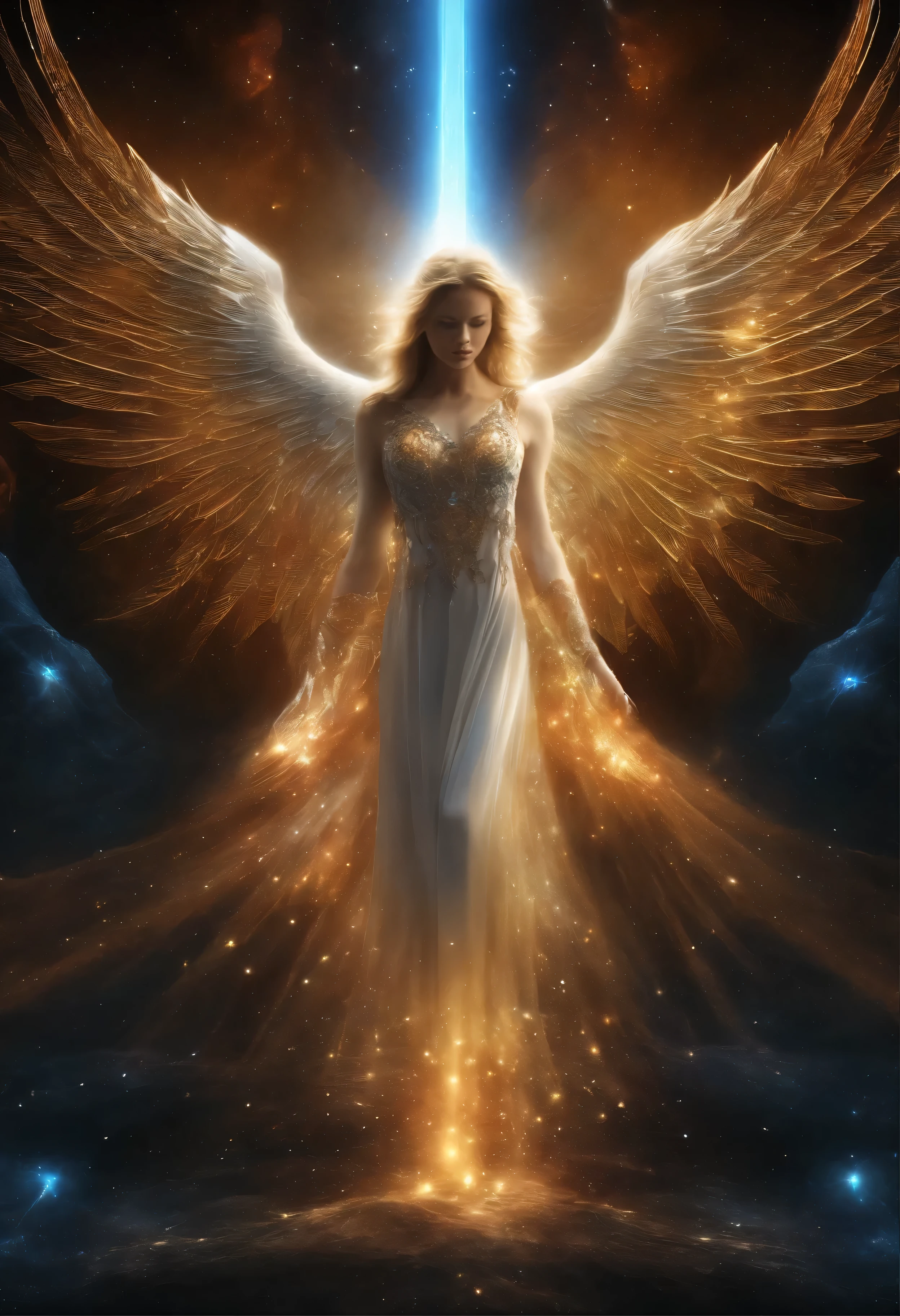 Cosmic Fallen Angel, Ojos claros y brillantes, biomech, weird, frivolous, Pesadilla, Colores muy brillantes, light particles, con luz brillante, Mshiff, Arte de papel pintado, fondo de pantalla hd