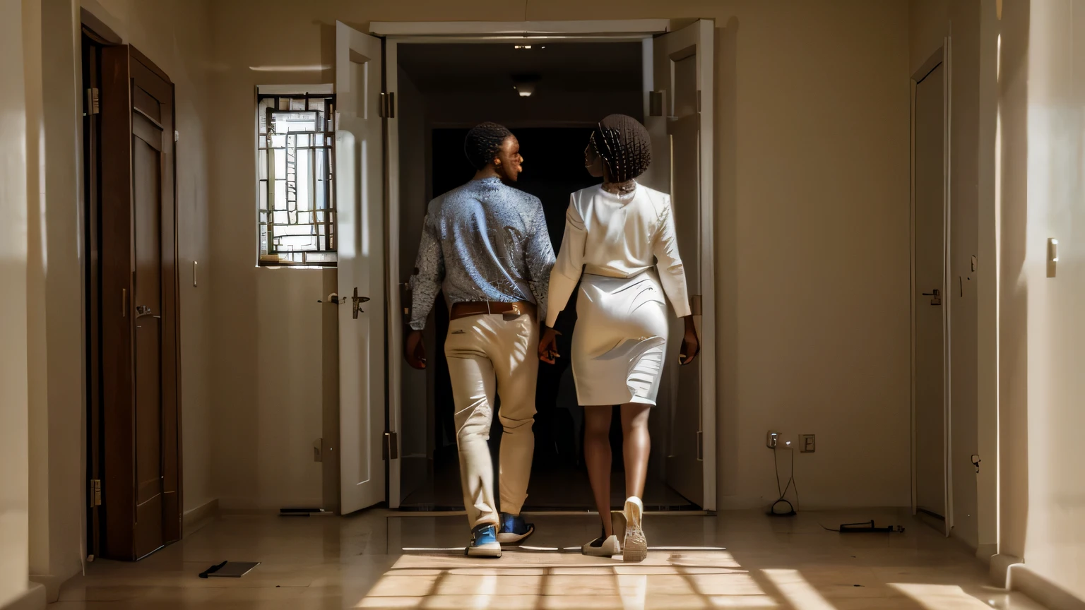craft a hyper-realistic 8k rear view image of ((2 people)) a man and a woman, walking into a room, both are africans. in a lightly furnished house in an african mega city