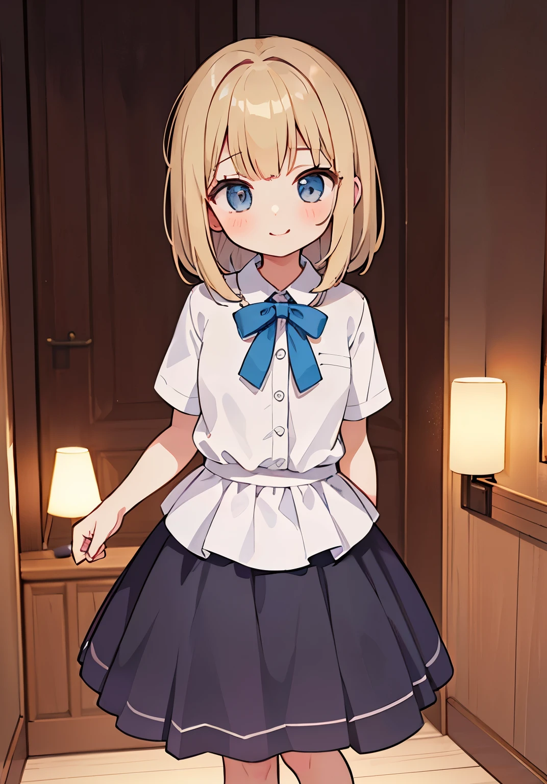 beautiful illustrations、highest quality、(12 year old girl:1.5)、(Cute girl:1.6)、(Standing picture、full body figure:1.5)、、flat chest、(short sleeve shirt、Peplum skirt:1.5)、beautiful thighs、cinematic lighting、((straight hair、medium hair、Lady knot))、(a seductive smile:1.2)、Redness of the cheeks