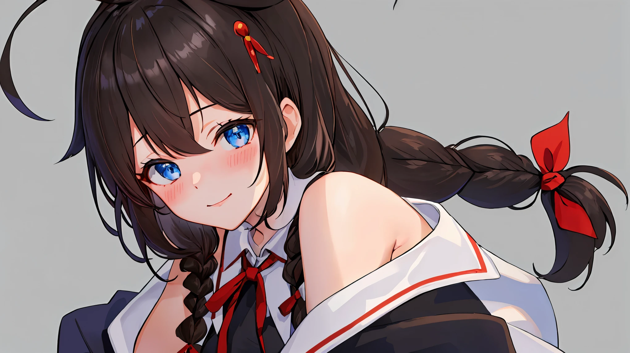 best quality, masterpiece, highres, solo, {shigure_kantaicollection:1.15}, long_hair, blue_eyes, ahoge, hair_flaps, braid, single_braid, hair_ornament, brown_hair, blush, black_hair, smile, hair_between_eyes, breasts, 1girl, hair_over_shoulder, looking_at_viewer, official_alternate_costume, red_ribbon, ribbon, shirt, simple_background, sleeveless, sleeveless_shirt, bare_shoulders, black_shirt, off-shoulder_shirt, off_shoulder, turtleneck, upper_body, bangs, hair_ribbon, long_sleeves, neck_ribbon, closed_mouth, grey_background insanely detailedinsanely detailed eyes insanely detailed face、insanely detailed body、insanely detailed skin