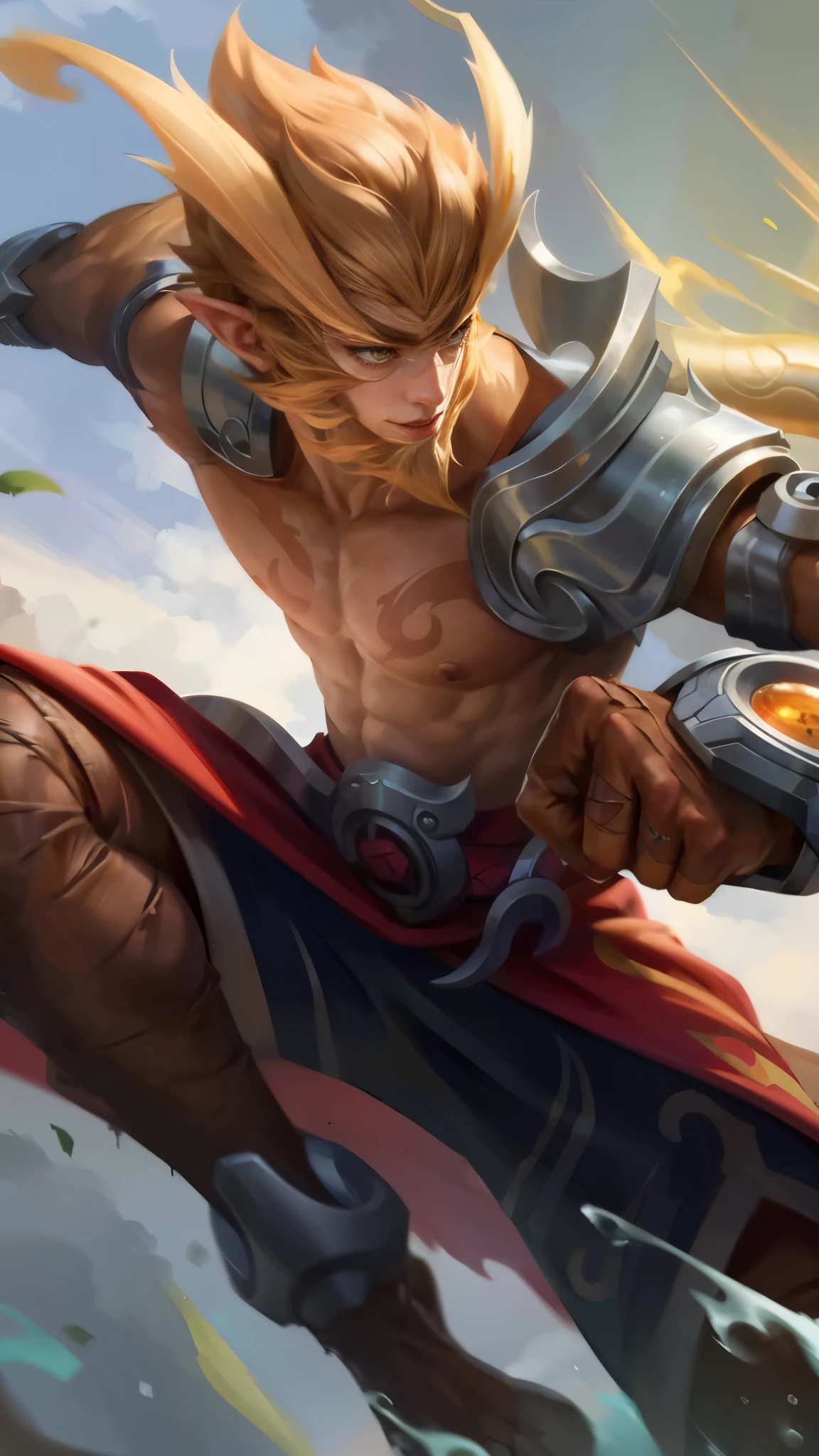 Best quality, masterpiece, detailed skin texture, detailed clothes texture, detailed face, super detail, 8k, intricate detail, 1 boy, The color doesn't change, Muscle guy, 1 guy, elf ear, face hair, sun wukong, wukong, sylas, tane skin, inspired by Li Kan, extremely detailed artgerm, official splash art, bian lian, ig model | artgerm, g liulian art style, inspired by Huang Shen, iconic character splash art, yellow eyes.