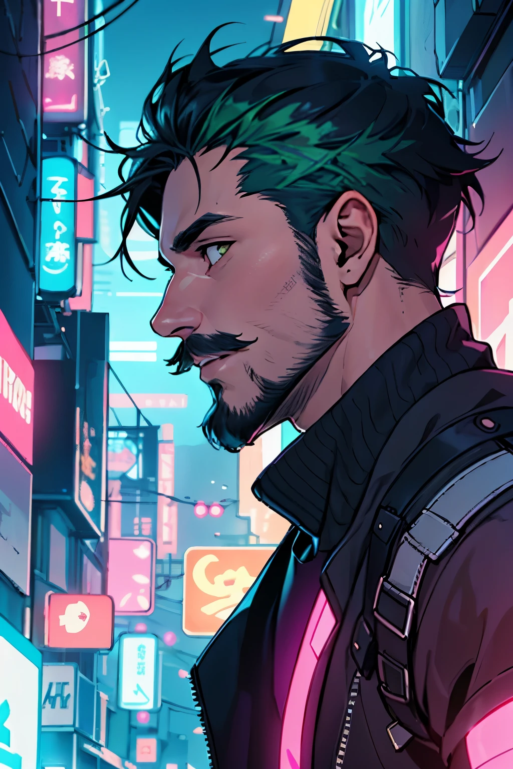 Handsome guy,30 years old,Mustache,short beard,black hair,Short,Upper body,profile,Cartoon,cyberpunk,Foot color blue light pink light,Background green light yellow light