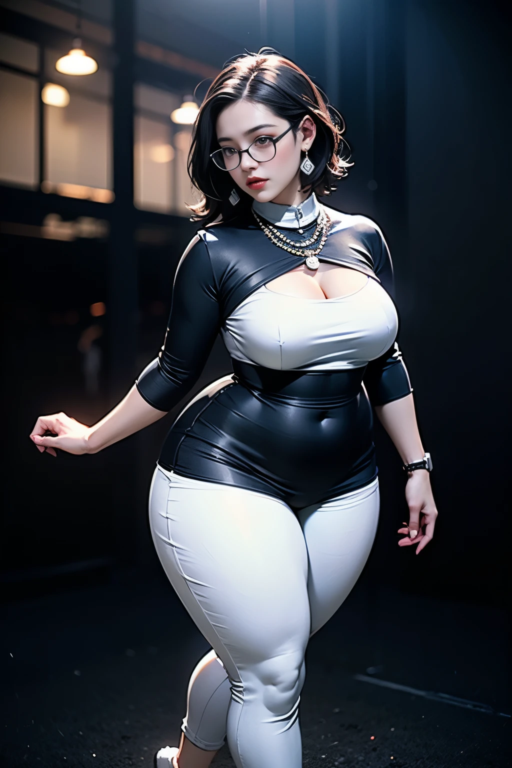 ((best quality)), ((masterpiece)), (detailed), perfect face, chubby woman, chubby face , chubby girl , widest hips , fat belly , thick neck ,, thicc , thick body , thick thighs , thick arm, small breasts but her body is a chubby, full body view, dark-black room, black bokeh background, thight dress, wearing sneakers, short hairstyle, diamond necklace, wearing a watch, tall woman, restore face, white skin , longest thight pants , glasses , cold vibes, , 4k resolution, japanese goddess,voluptuous 