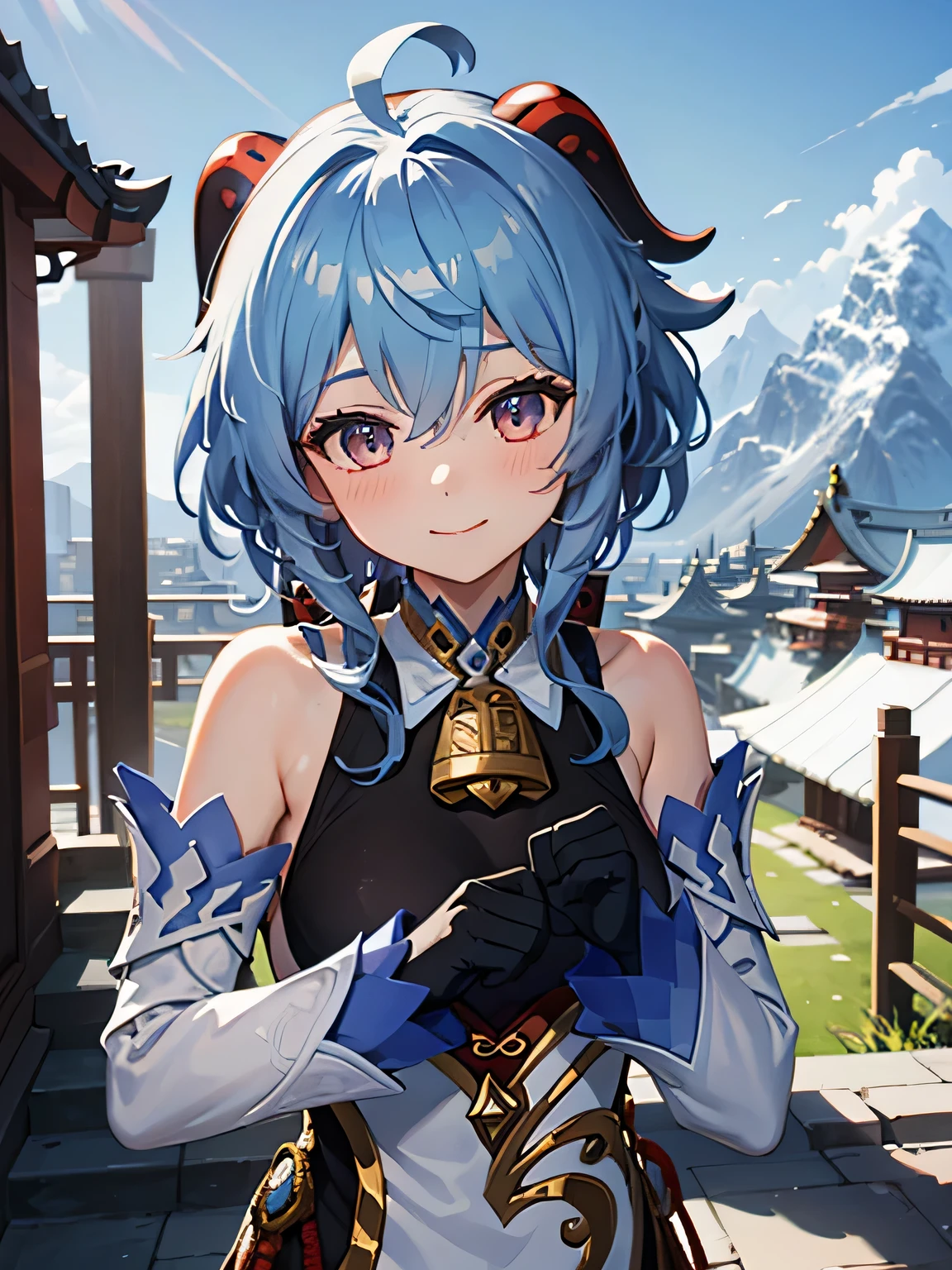 ganyudef, upper body, smile, blush, black gloves, outdoors, day, simple background, blue sky, short hair, sky, temple, looking at viewer, stairs, mountain, moody lighting,