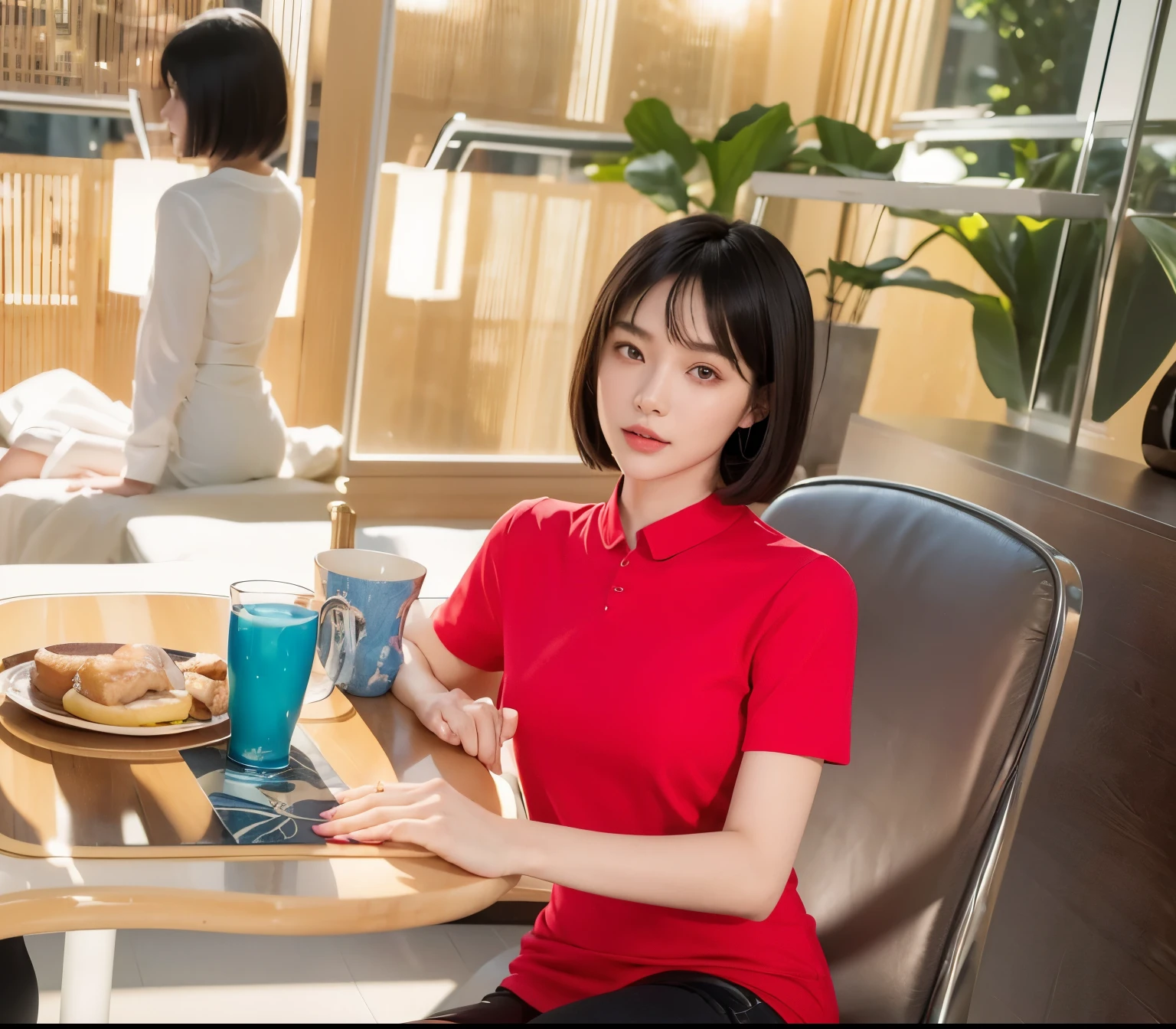 (Best quality, 8k, 32k, Masterpiece, UHD:1.2) "Generate a captivating artwork featuring two Japanese girl models with short black hair styled in chic bob haircuts, elegantly dressed in red shirts and jeans. Infuse the scene with a romantic aesthetic, utilizing soft and warm colors to create a dreamy and enchanting atmosphere. Implement dynamic-cinematic lighting to add depth and drama, casting gentle shadows and highlights. Capture the models sitting on chairs, evoking a sense of casual elegance and intimacy. Emphasize the connection between the two models and the overall romantic vibe, ensuring that their expressions and poses convey a sense of shared moments. Create a visually stunning piece that combines fashion, romance, and the allure of dynamic lighting." (perfect eyes), flawless skin, flawless face, cinematic, tight body, ((well-proportion female hands)), ((female hands with five digits)) ((Body is well proportioned)), ((chic bob haircut))