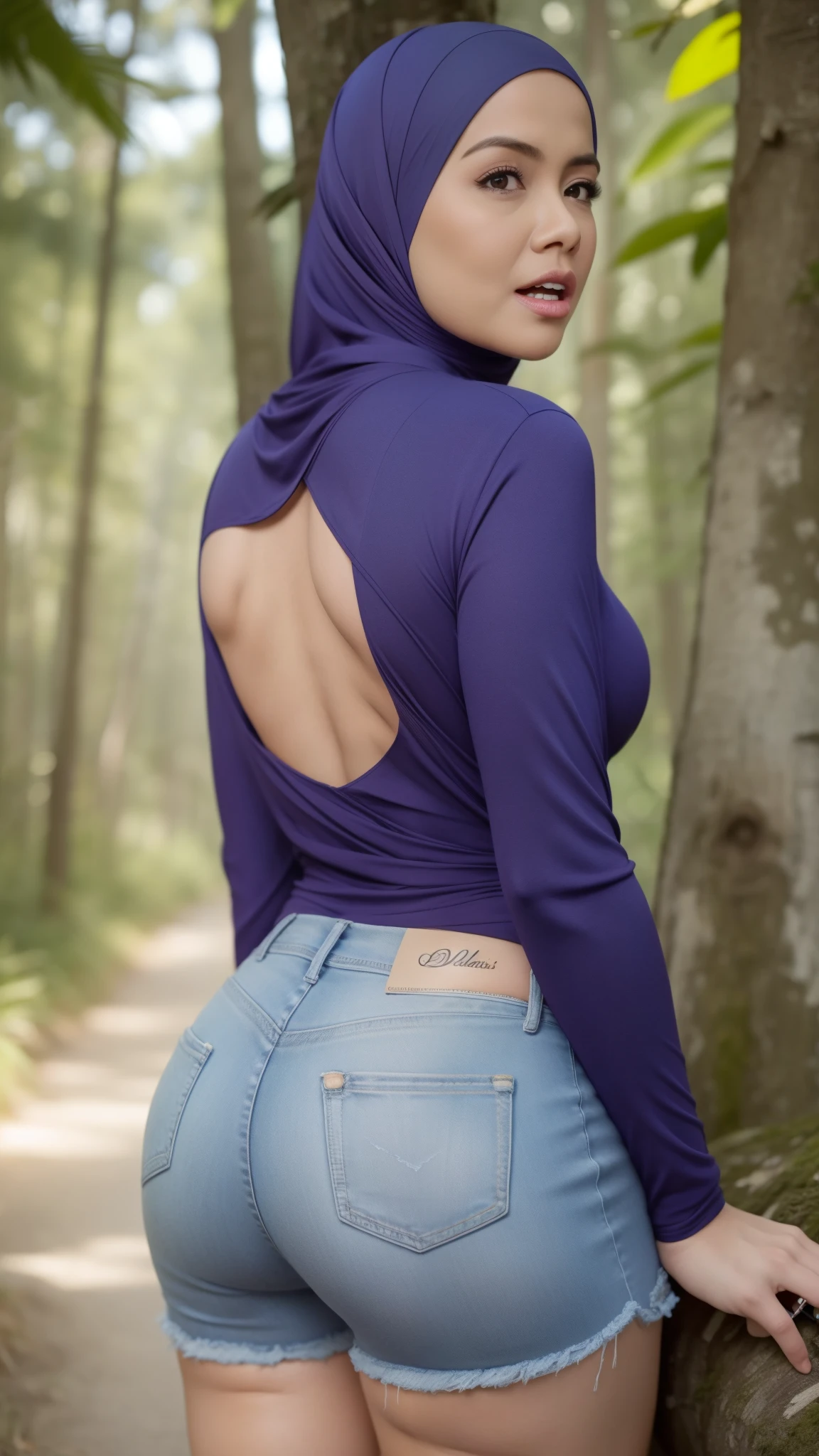 Mini Jeans (Anger), "Oki Setiana Dewi", "Spectacles ", ("Hijab Naked"), Chubby Wearing Lace Bra & Short Hairy Pussy, "Facial expression in anger", "Brown Concentrated", "BROWN Brown Lips", "Bokeh" My ass is huge Being in the forest