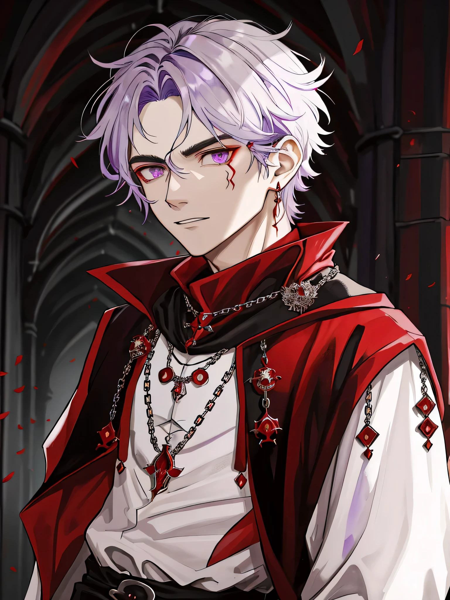 He wore Dark red and black medieval clothes. With a three headed dragon necklace around his neck. Purple eyes, frecjles on his face.