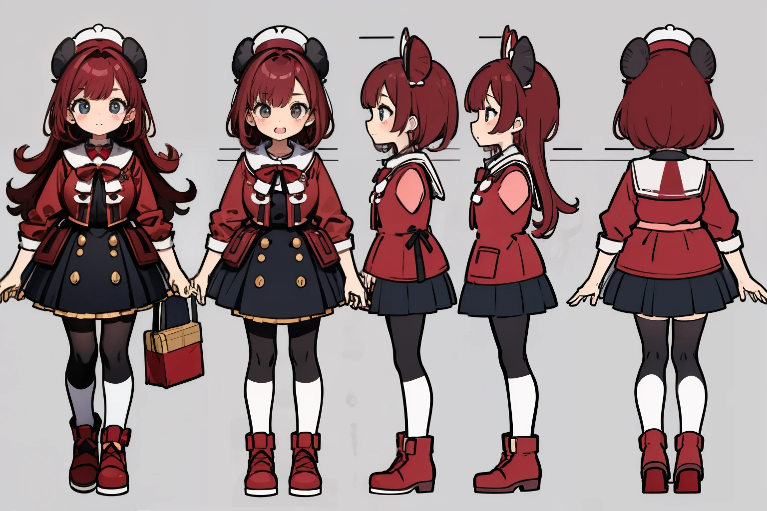 chubby cute character, character sheet, dark red hair, wearing puffy clothing, holding candy