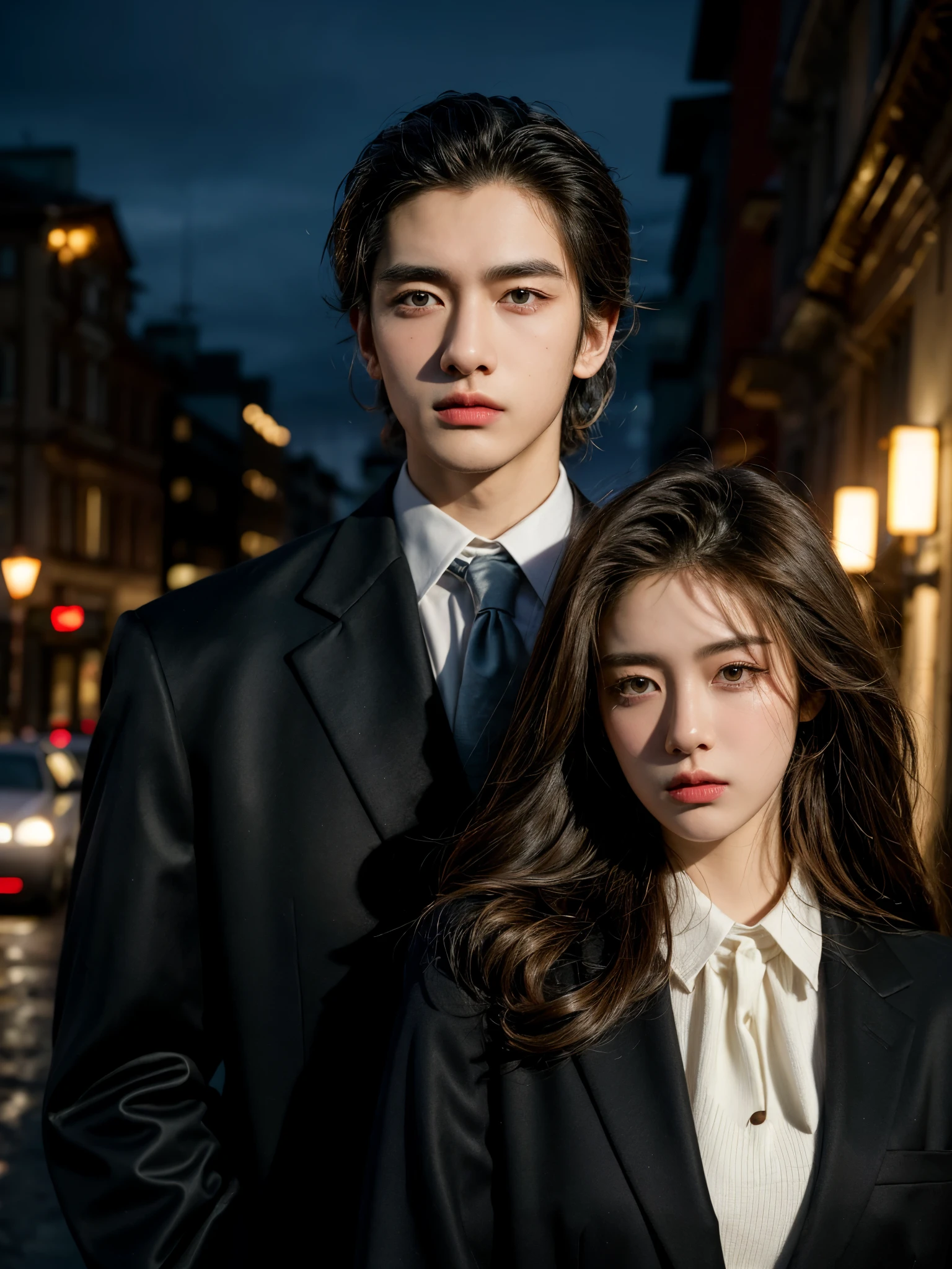 A portrait of a beautiful and handsome pair couple with formal suits standing at night, mafia vibes, menacing expression, closeup, korean face, ultra realistic, background is a quiet looking city street, with old buildings of European architecture and cars parked on side of the road.