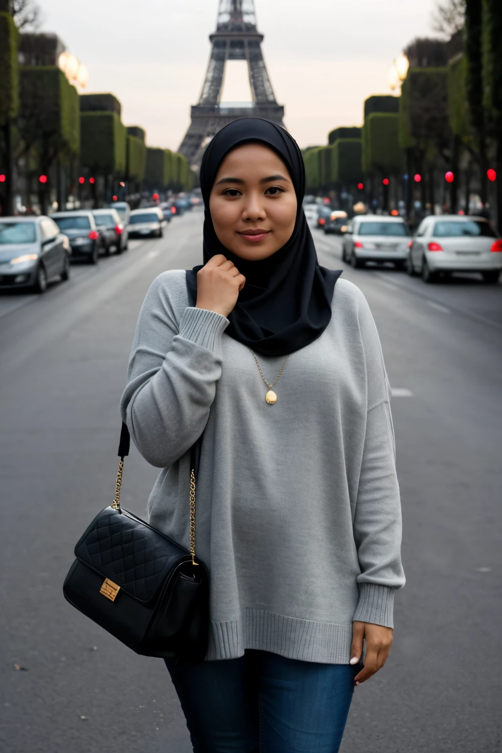 Beautiful indonesia women 30 years old,fat,ovan and clean face,ideal body, hijab,black sweater,jeans,indonesian leter,wearing a gray bag,standing pose,photography standing style front photo,visible face,view of the eiffel tower righbehind her,lights on around the street and city,standing somewhere, on the paris brigade, the atmosphere is approaching sunset,ultra hd,real photo,18 mm lens,very sharp,photography ((best quality)), ((masterpiece)), (detailed), perfect face