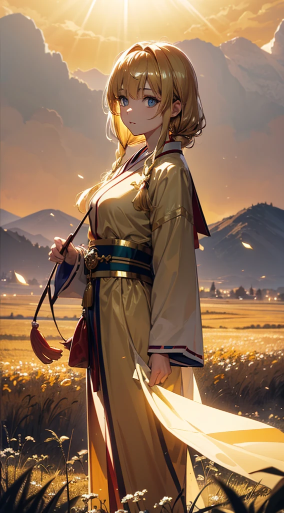 girl,golden hair,blue eyes, shrine maiden,white clothes, {Highly detailed CG unit wallpaper 4k}, vast landscape photography, (A central vision that prioritizes the whole character, (open field view), (low angle shot), (stand out: 1.5), (low illumination: 1.2), (warm light source: 1.2), intricate details, (golden shining color: 1.5), (bright lighting), (atmosphere lighting), dream-like, anime style