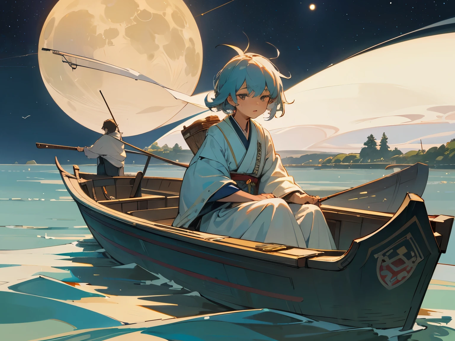 Walter Crane, Kiichi Okamoto, Surreal, mysterious, strange, fantastical, fantasy, sci-fi, Japanese anime, countless shining moons floating on the galactic sea, fishermen in a small boat, detailed masterpiece hyper realistic sharp focus
